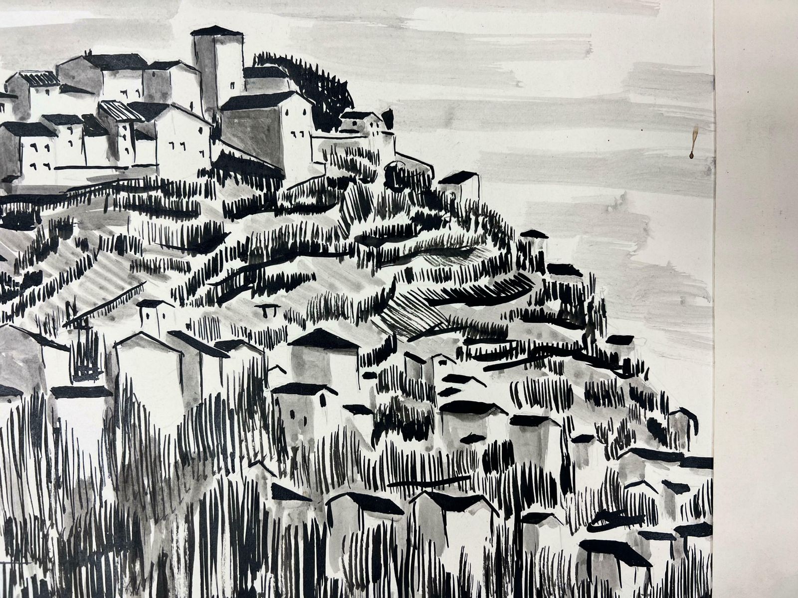 Bernard Labbe1950's Modernist/ Cubist Painting   Black And White Roof Top Town Landscape1950's photo for sale