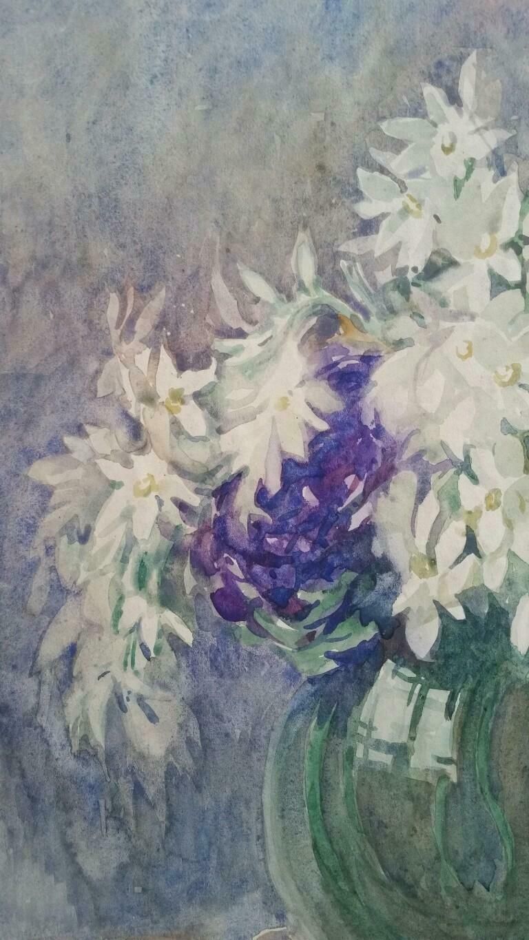 Henri Milochfrench Watercolour Ecole De Paris Mid 20th Century White Flowers 1940's photo Art