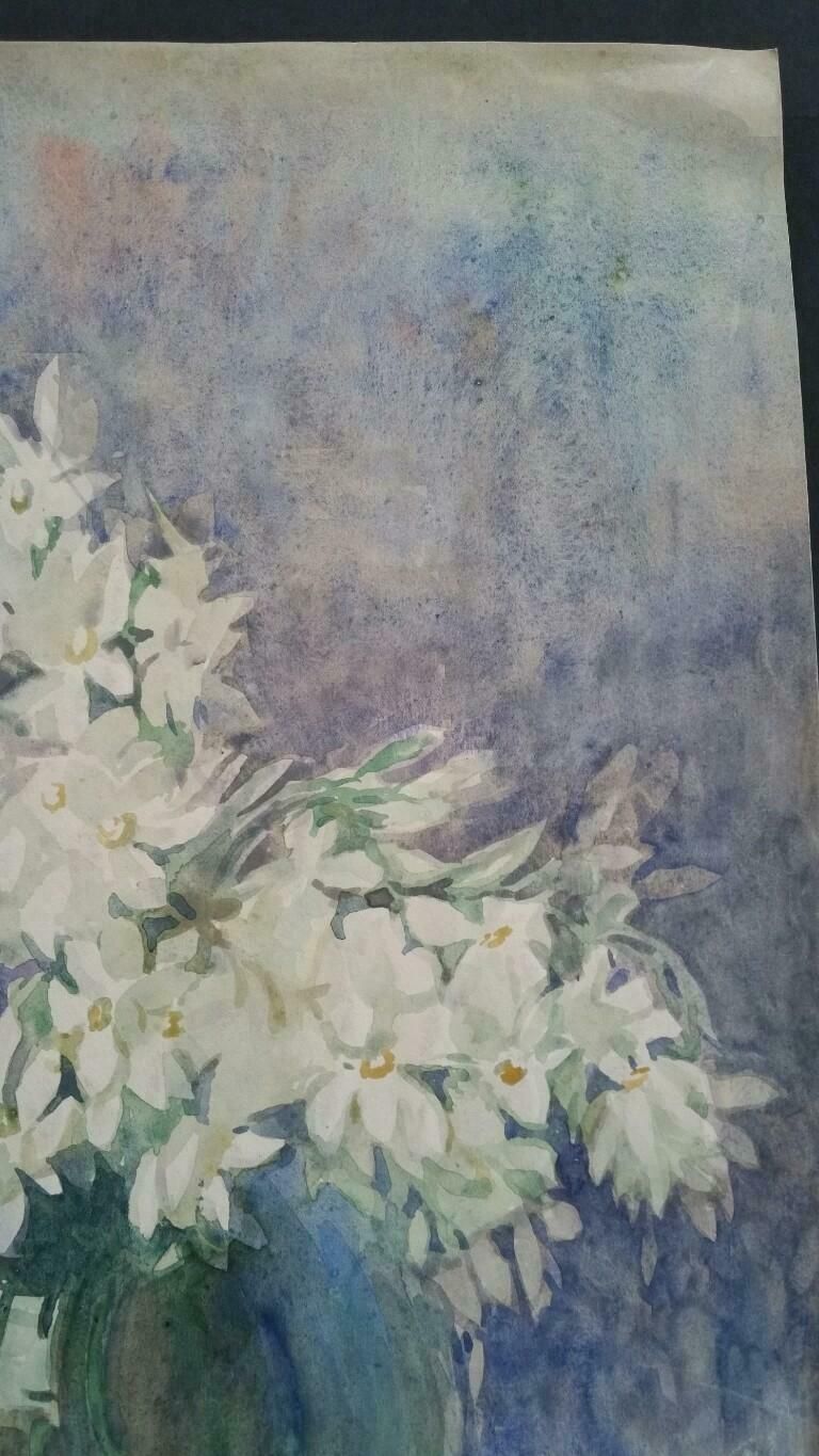 Henri Milochfrench Watercolour Ecole De Paris Mid 20th Century White Flowers 1940's photo 359.0