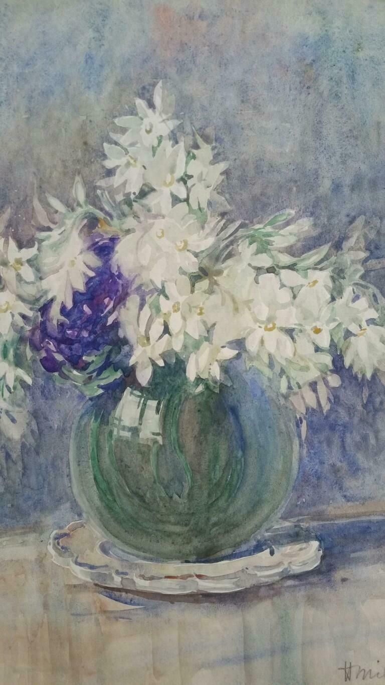 Henri Milochfrench Watercolour Ecole De Paris Mid 20th Century White Flowers 1940's photo buy