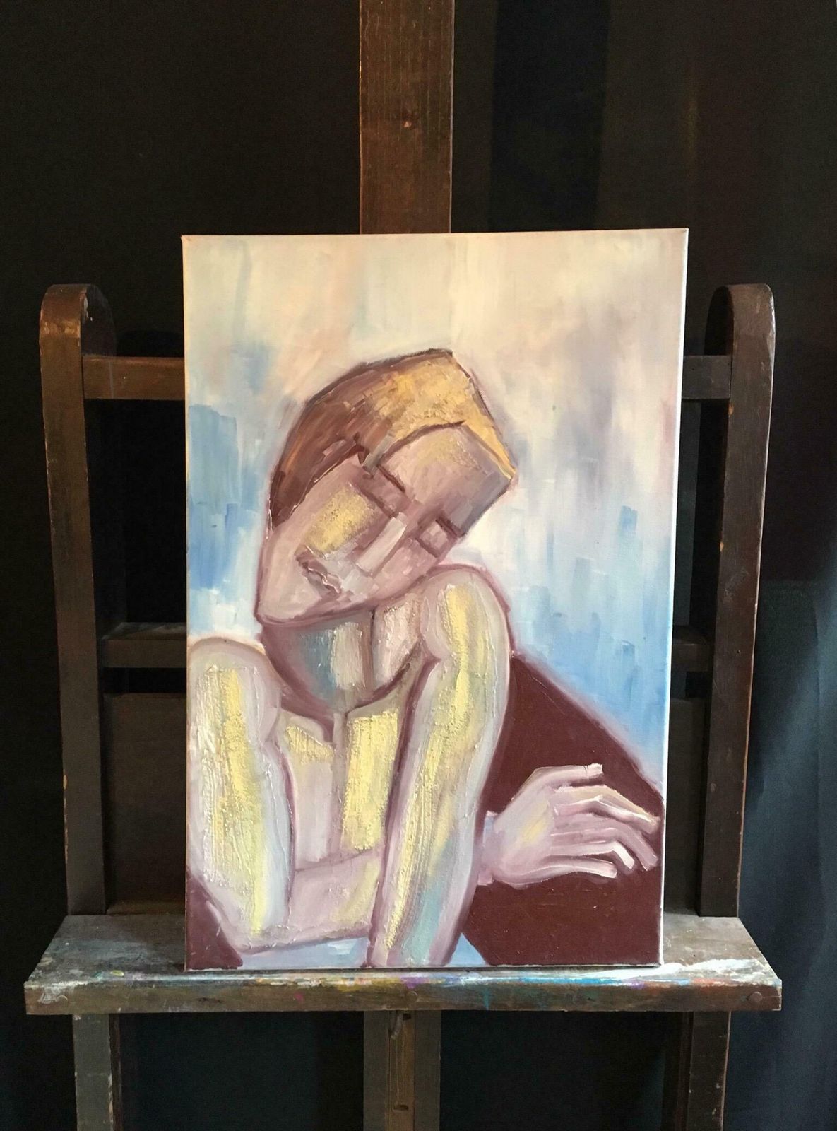 Beatrice Werliefrench Abstract Portrait Picasso Style Blue Colour Original Oil Painting C.2000 photo furniture
