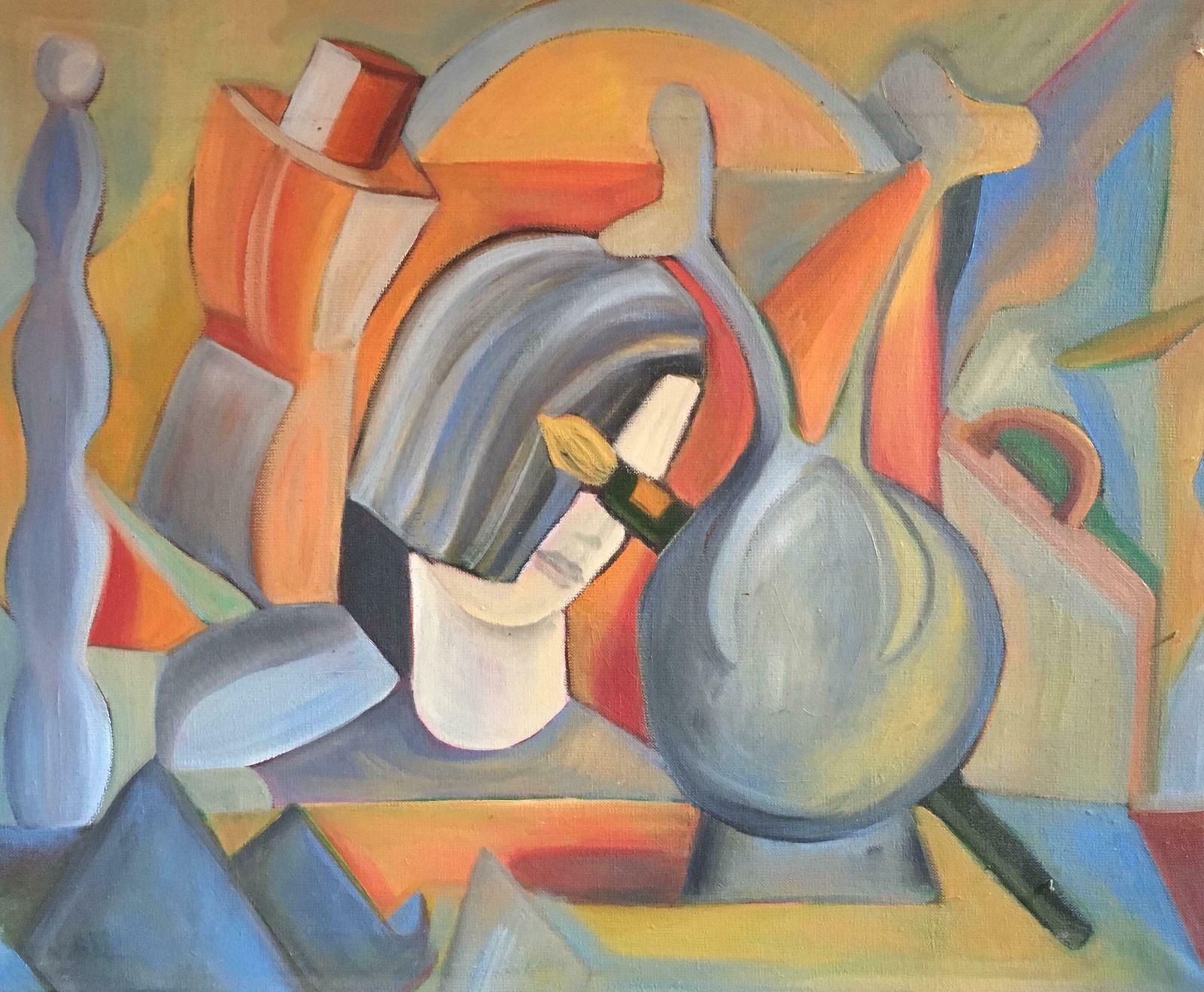 Beatrice Werliecontemporary French Abstract Orange And Blues Still Life Original Oil Painting2004