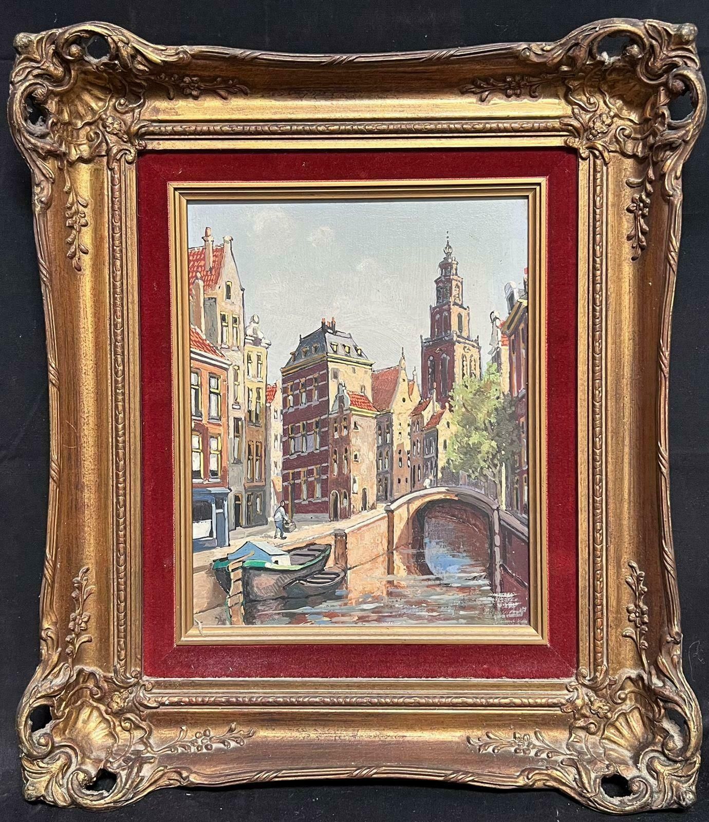 Dutch Schooldutch Bridge & Canal Amsterdam Back Streets Framed Oil Painting