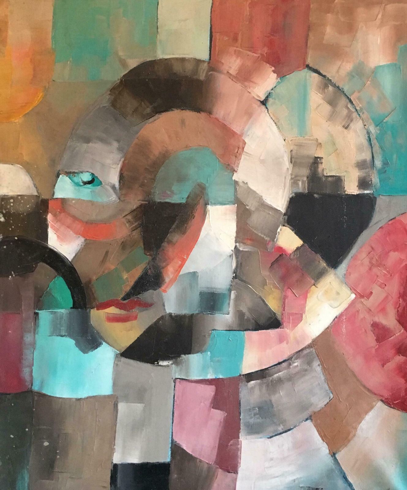 Beatrice Werliecontemporary French Cubist Portrait Multicoloured Original Large Oil Painting C.2000