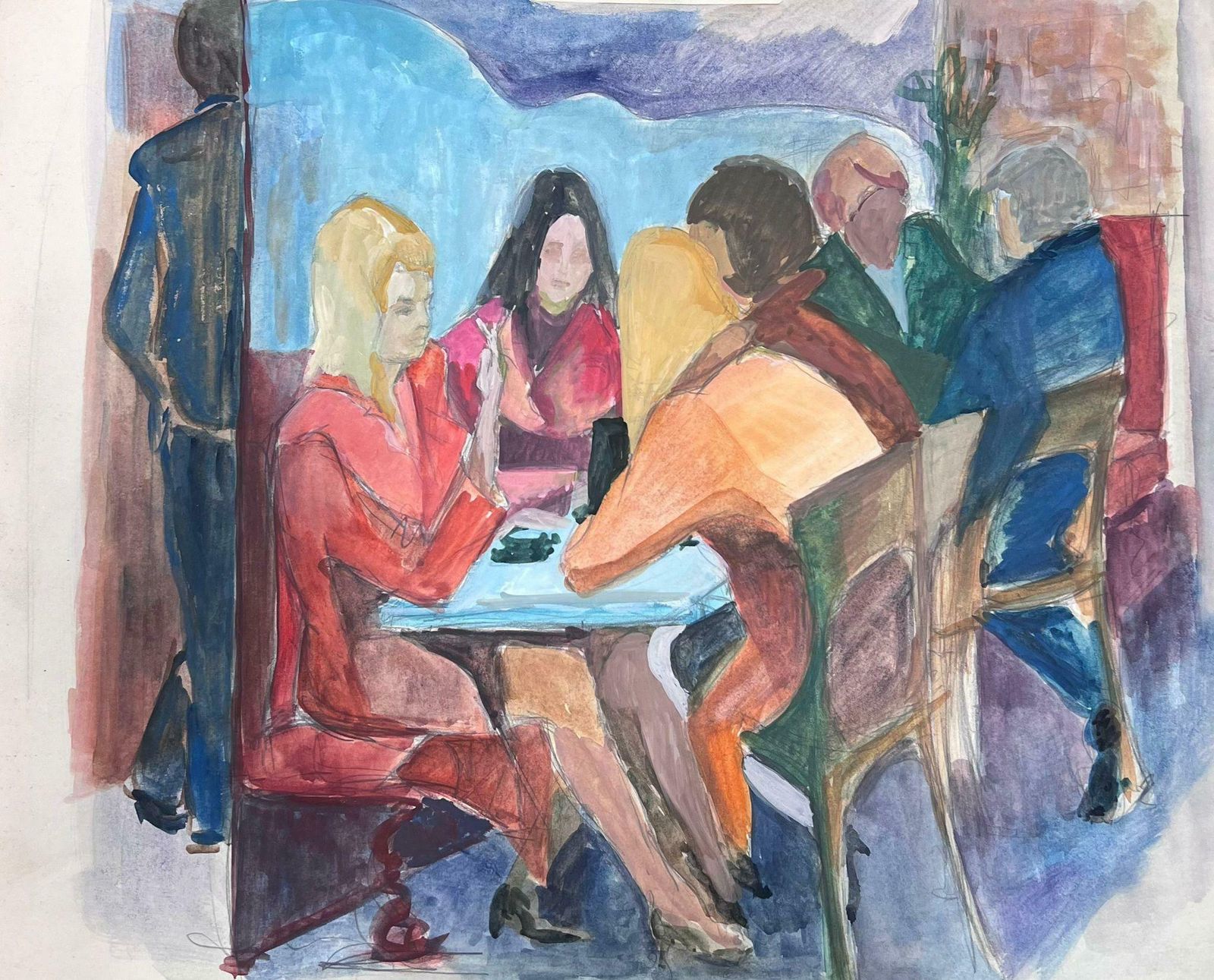 Guy Nicod 20th Century Modernist Painting Girls Gossiping In French Bistro photo furniture