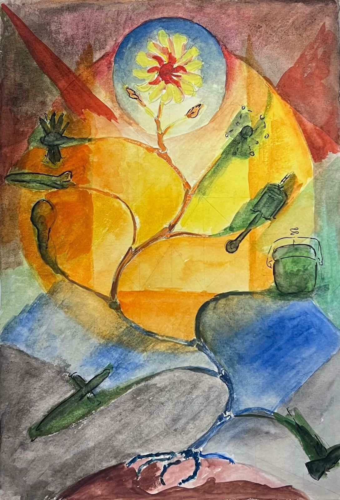 Guy Nicod 20th Century French Modernist Sunflower Roots Watercolour Painting