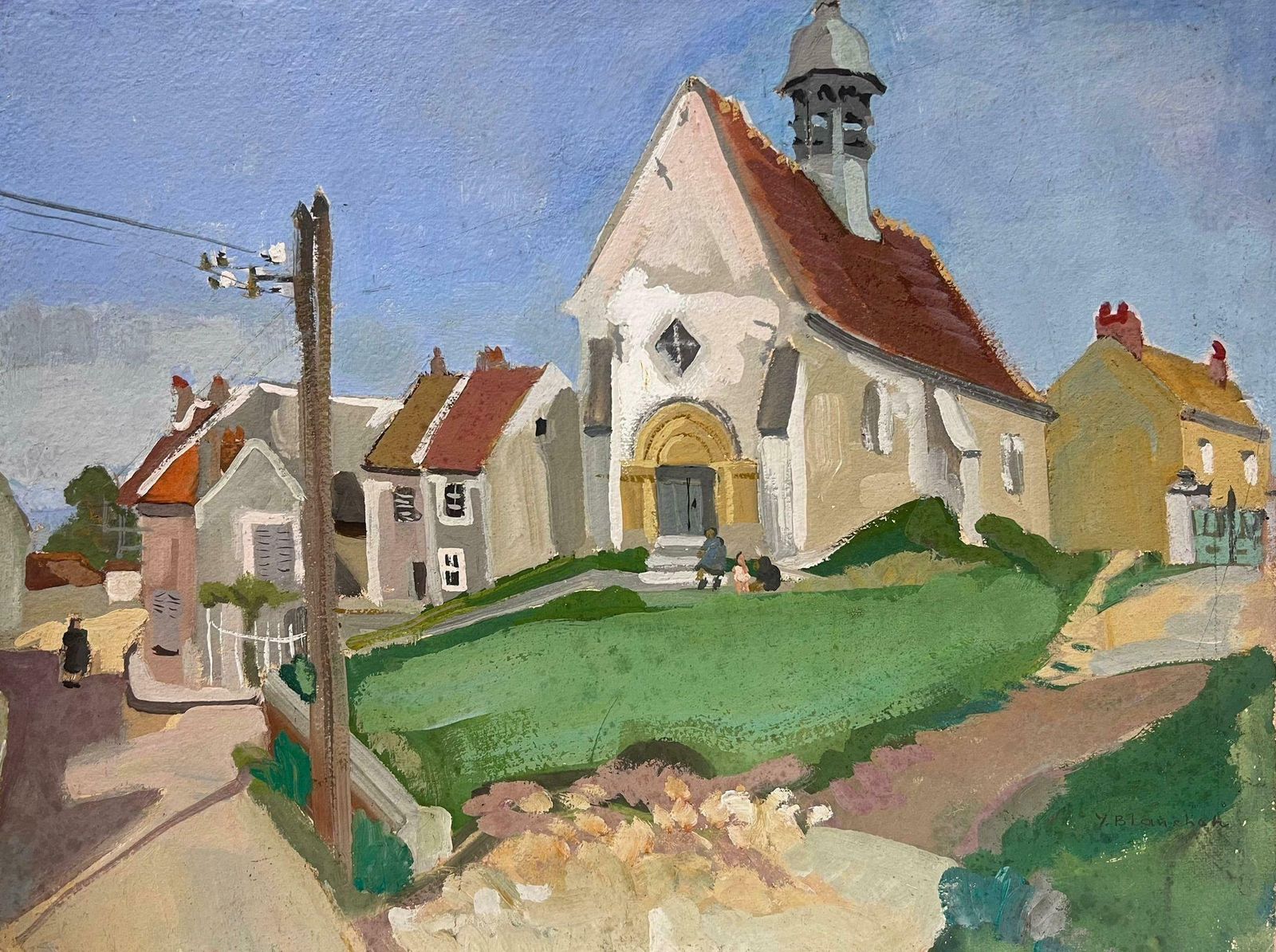 Y. Blanchon1930's French Gouache Painting Village Church 1930's