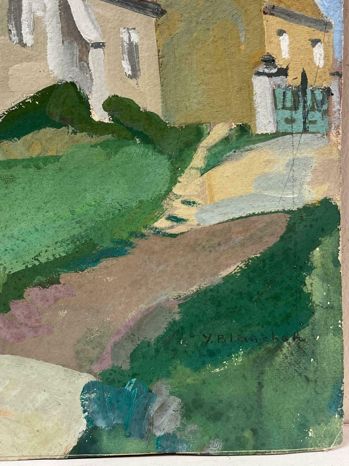 Y. Blanchon1930's French Gouache Painting Village Church 1930's photo furniture