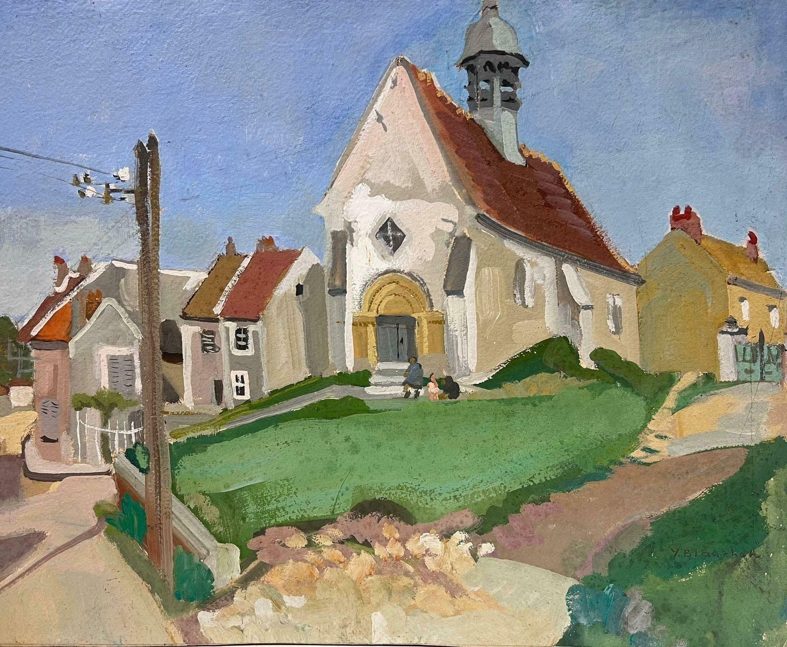 Y. Blanchon1930's French Gouache Painting Village Church 1930's photo Art