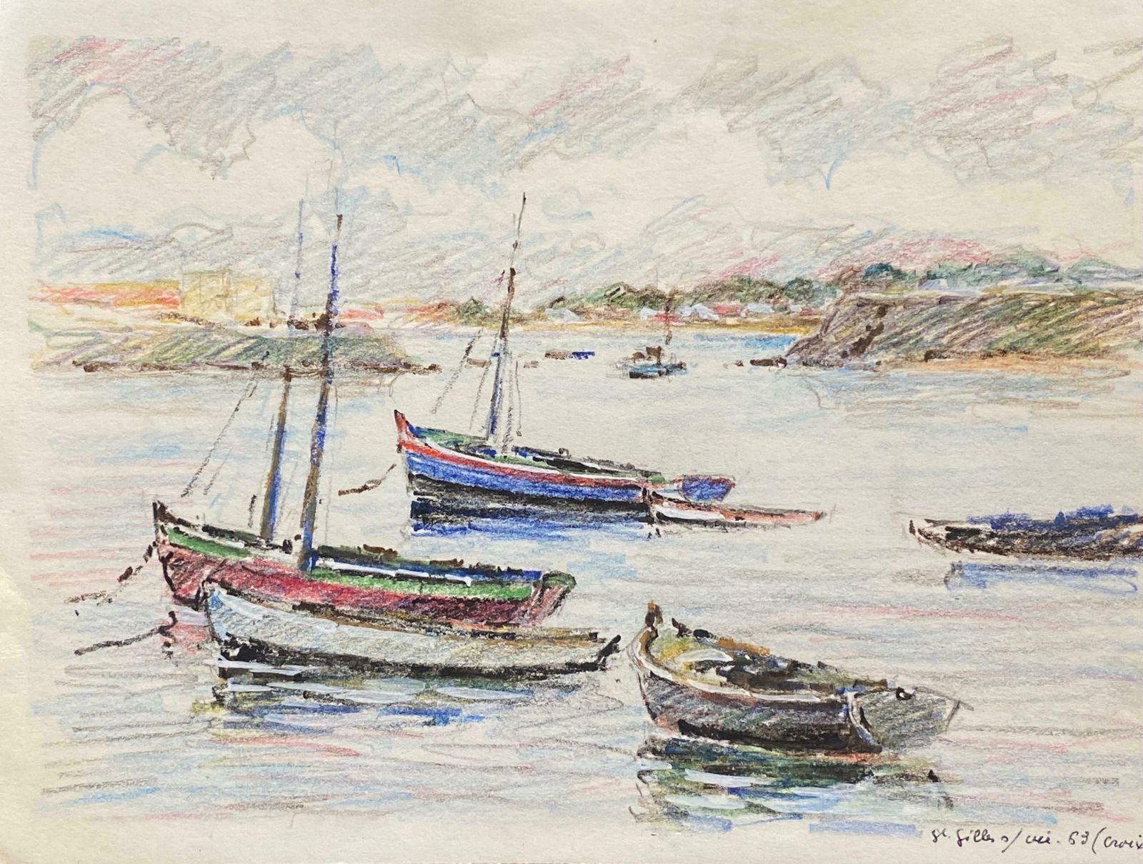 Camille Meriotsailing Boats Moored At Sea, French Signed Impressionist Crayon Drawingc. 1940's
