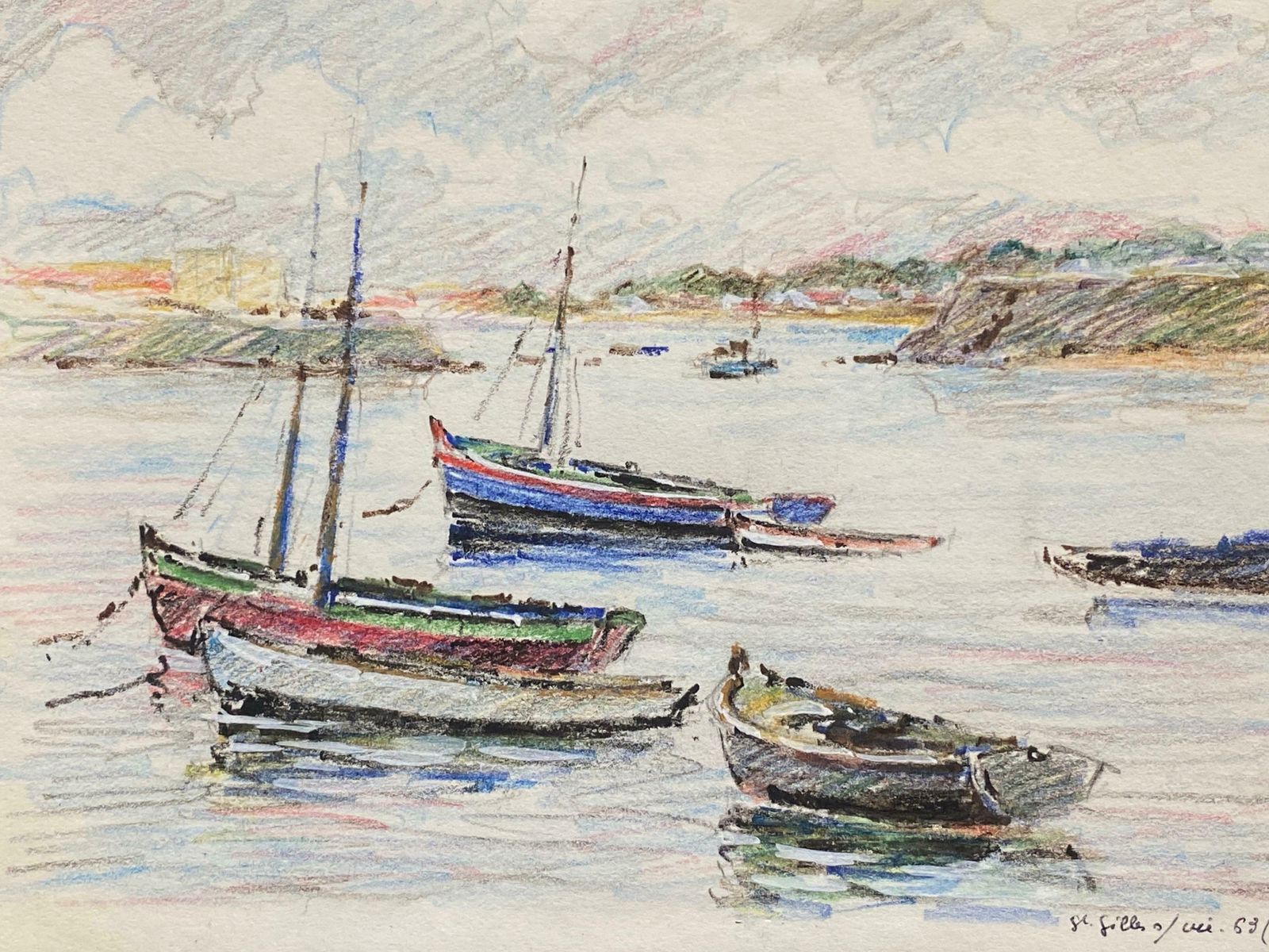 Camille Meriotsailing Boats Moored At Sea, French Signed Impressionist Crayon Drawingc. 1940's photo furniture