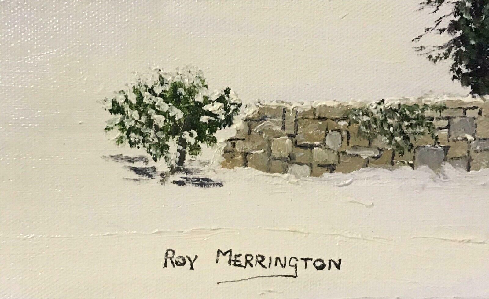 Roy Merringtonlarge English Oil Painting Tudor Houses In Winter Snow Landscapec. 2000 photo for sale