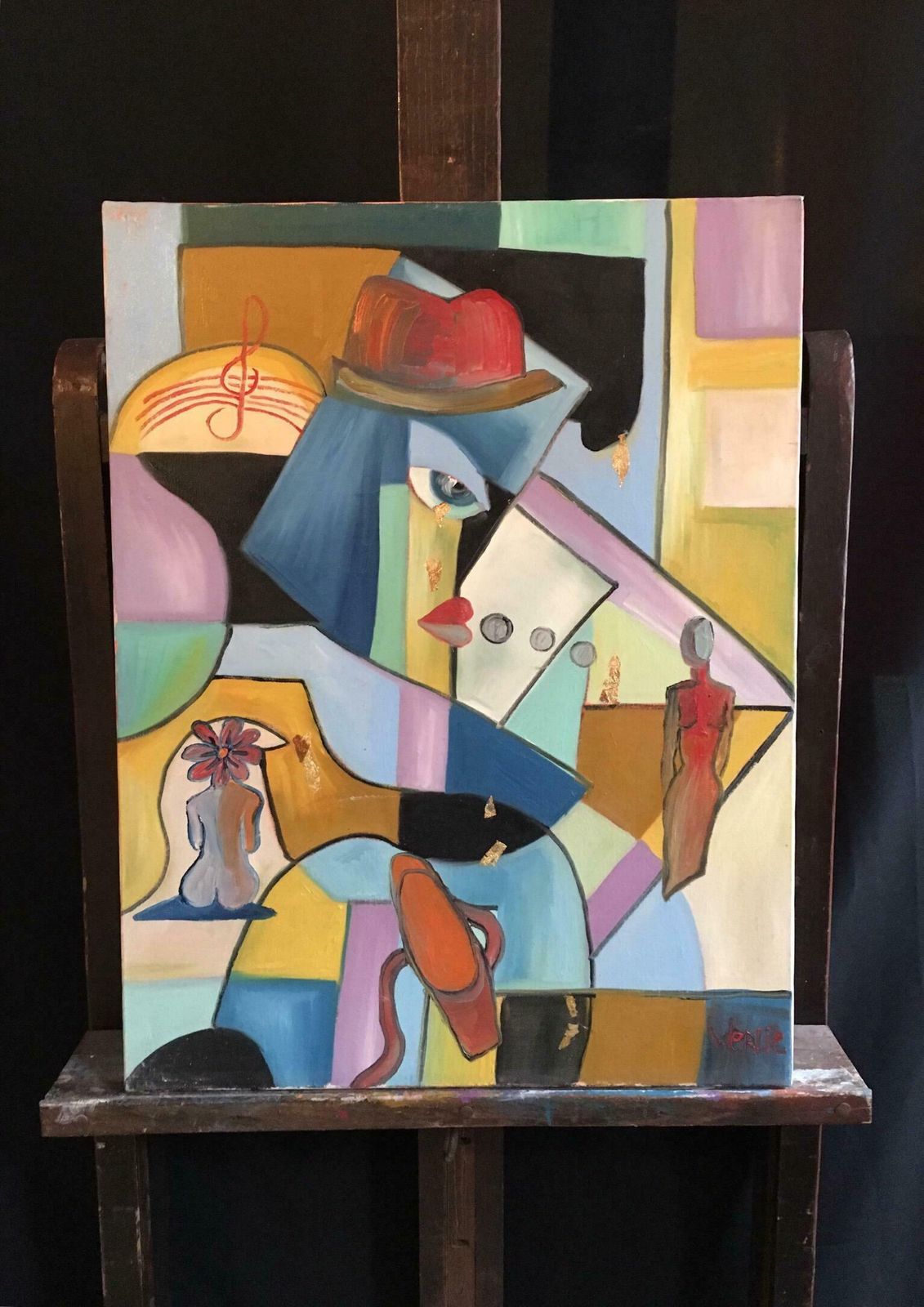 Beatrice Werliefrench Abstract Picasso Style Multicoloured Original Oil Painting Signed2004 photo furniture