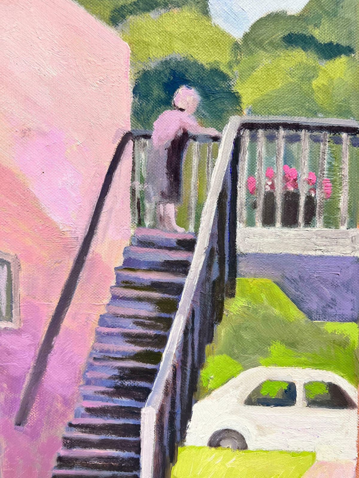 Jill Jacksoncontemporary British Painting Lady On Garden Steps, Terracotta Pinks & Greens photo for sale