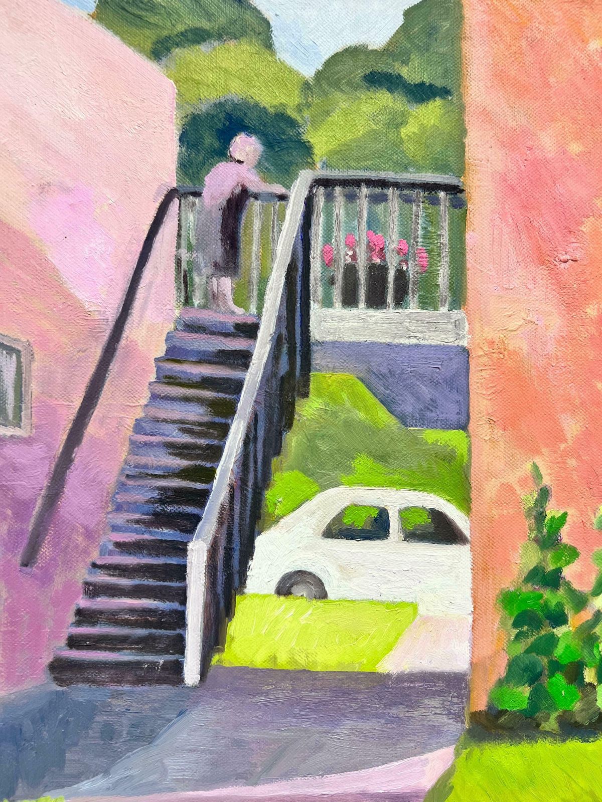 Jill Jacksoncontemporary British Painting Lady On Garden Steps, Terracotta Pinks & Greens photo Art