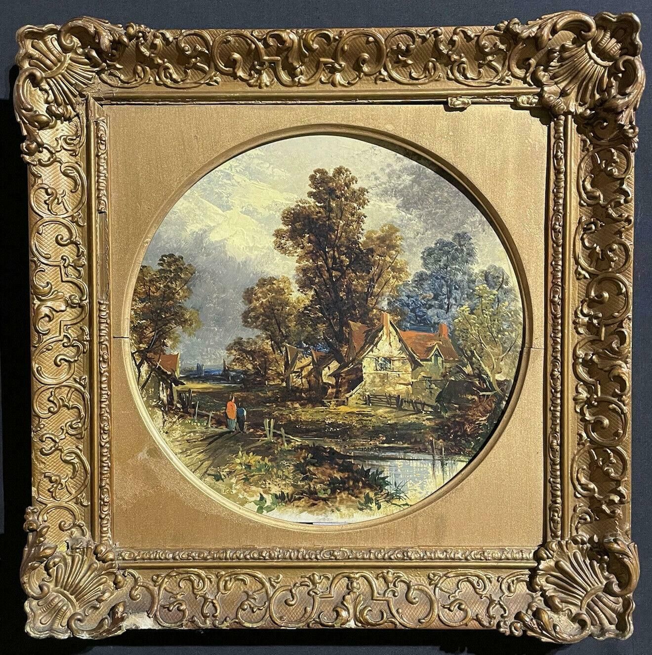 Victorian Oil Follower Of John Constable Rural River Landscape With Figures C. 1850's