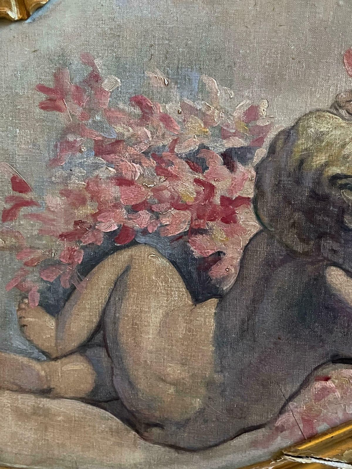 French Rococofine Antique French Rococo Scrolled Oil Painting Cherubim Playing   Over Doorc. 1900's photo Art