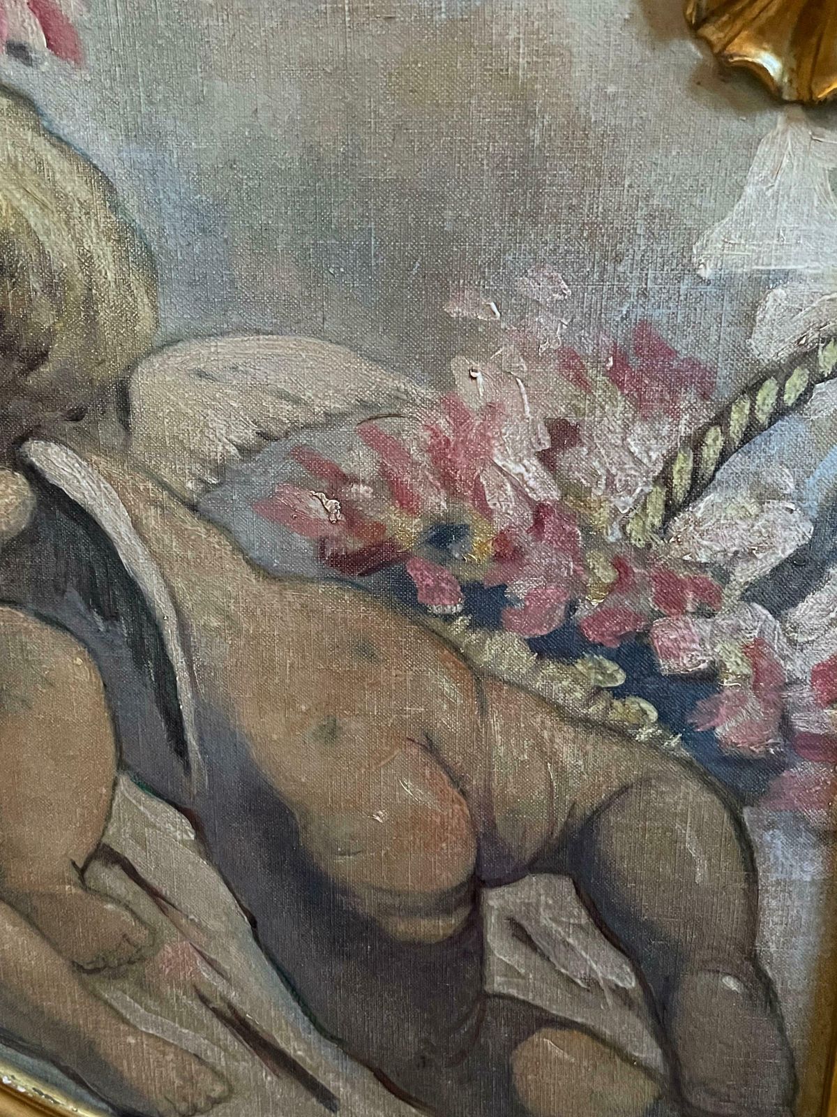 French Rococofine Antique French Rococo Scrolled Oil Painting Cherubim Playing   Over Doorc. 1900's photo 3013.0