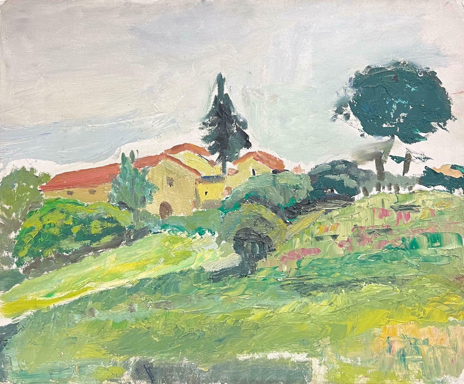 French School1950's French Post Impressionist Oil Painting Green Landscape Village Houses1950's