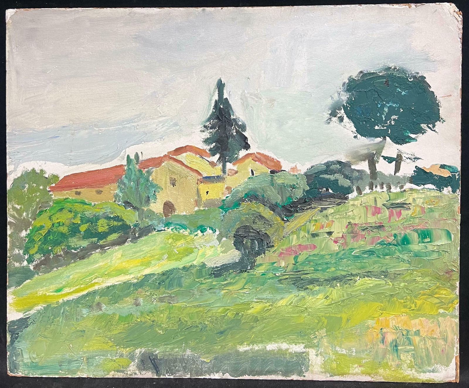 French School1950's French Post Impressionist Oil Painting Green Landscape Village Houses1950's photo furniture