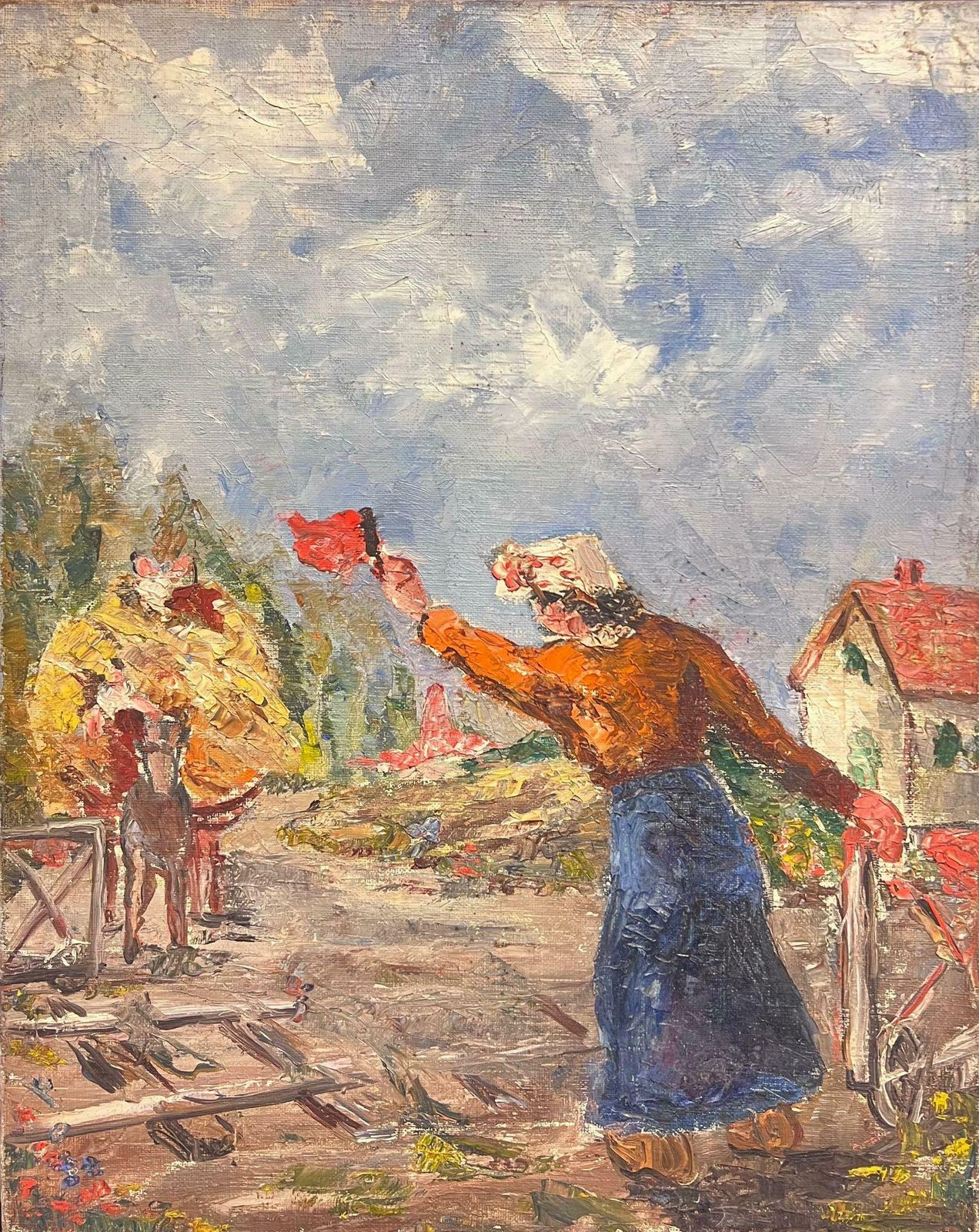 Simone Forgemid 20th Century French Post Impressionist Oil Haycart With Figures In Village1950's