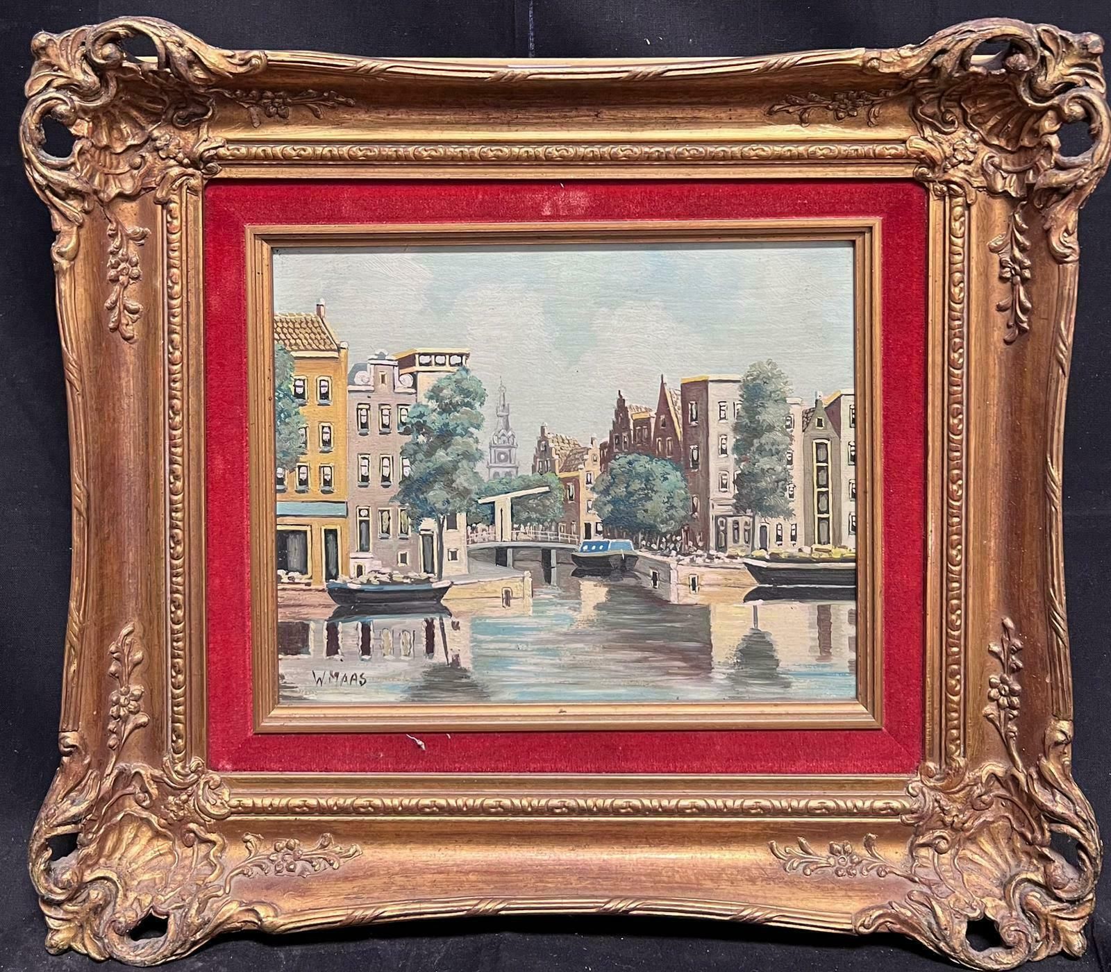 W. Maascanal View In Amsterdam Tranquil Cityscape Dutch School Signed Oil Painting