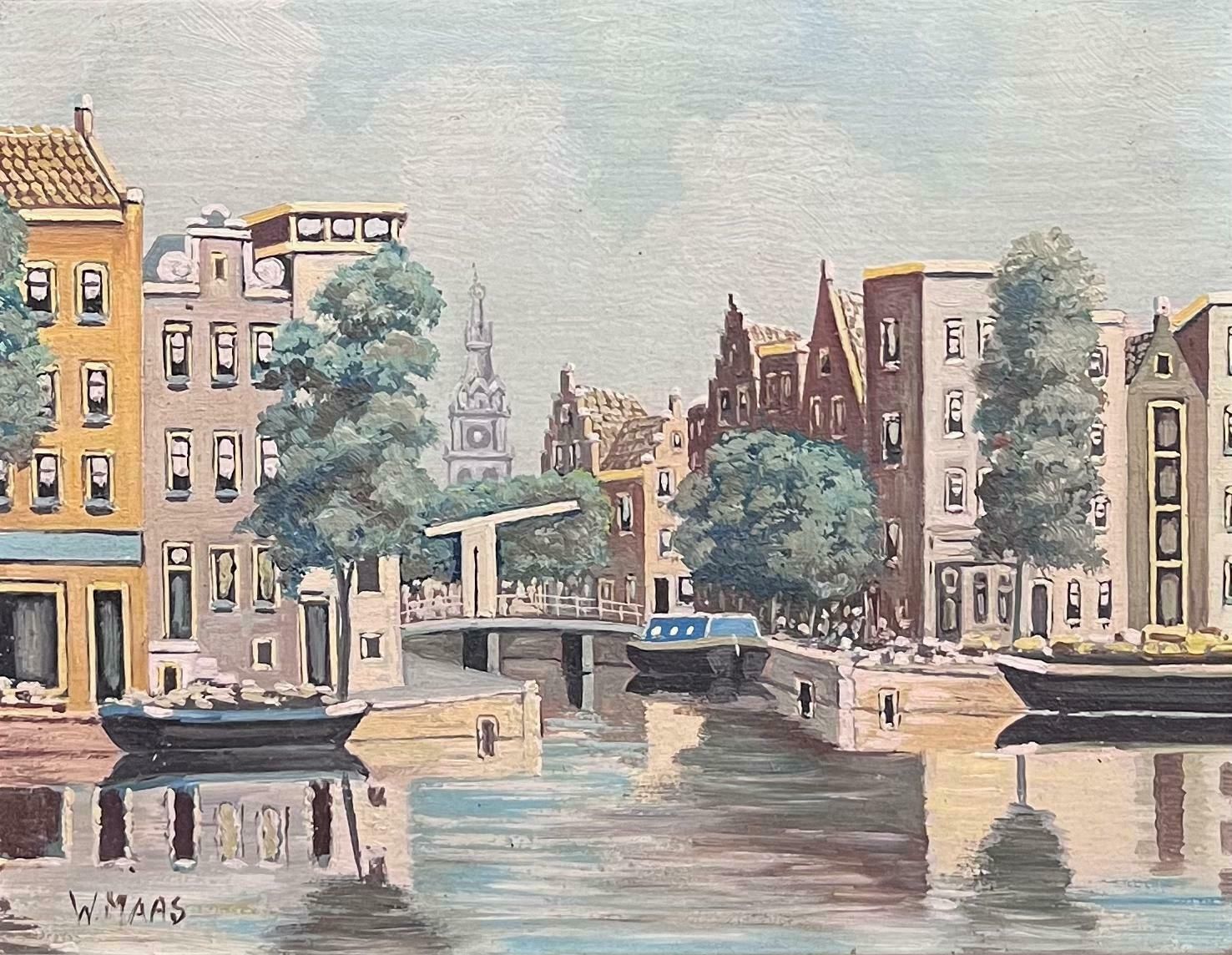 W. Maascanal View In Amsterdam Tranquil Cityscape Dutch School Signed Oil Painting photo furniture