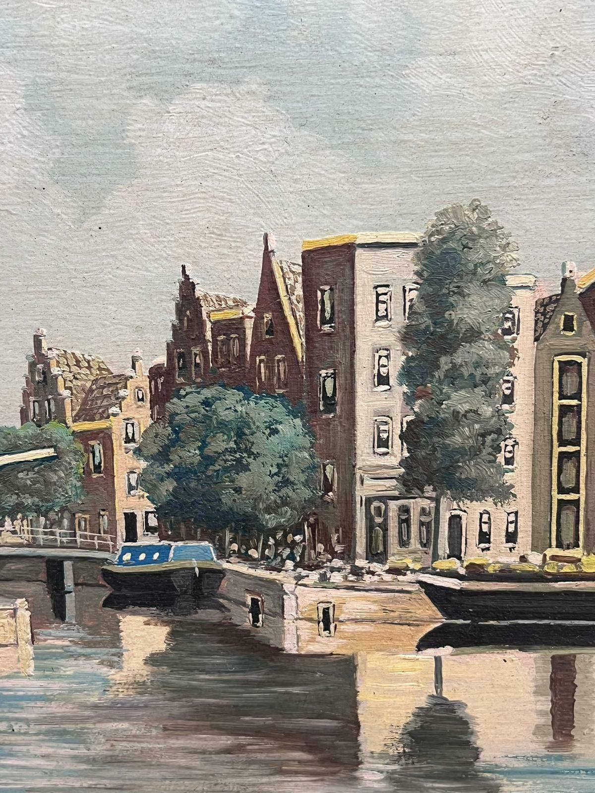 W. Maascanal View In Amsterdam Tranquil Cityscape Dutch School Signed Oil Painting photo for sale