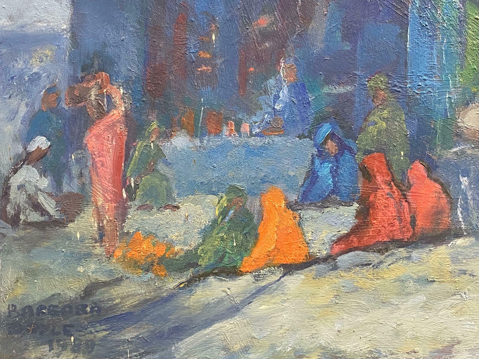 Barbera Doyle1970's Impressionist Oil Painting   Mount Abu Market Busy Figurative Scenec. 1970's photo Art