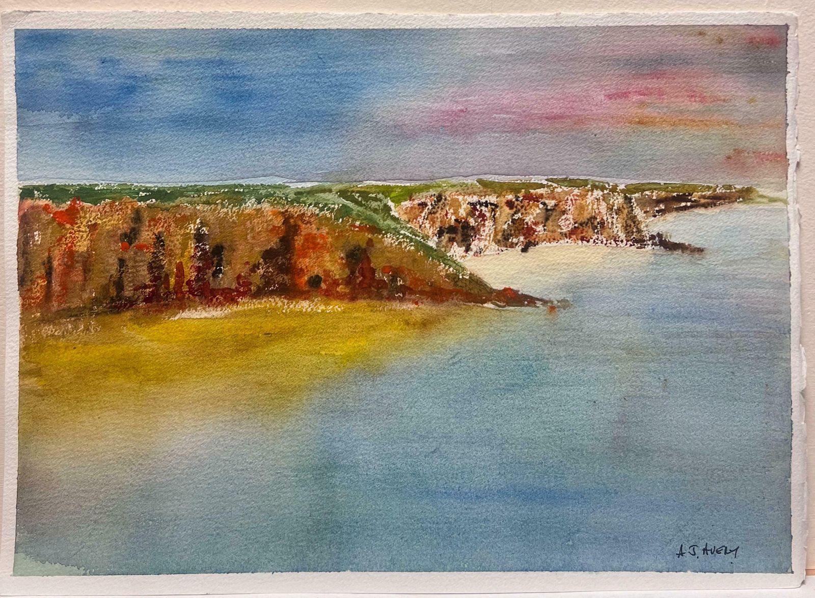 Anthony Averybritish Original Impressionist Watercolor Coastal Landscape With Sea & Cliffs