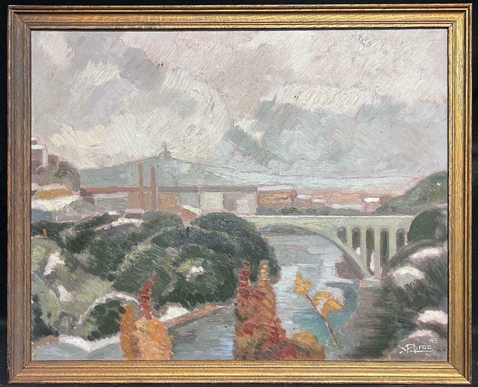 French School1940's French Impressionist Signed Oil Painting Busy Landscape With Bridge1940's