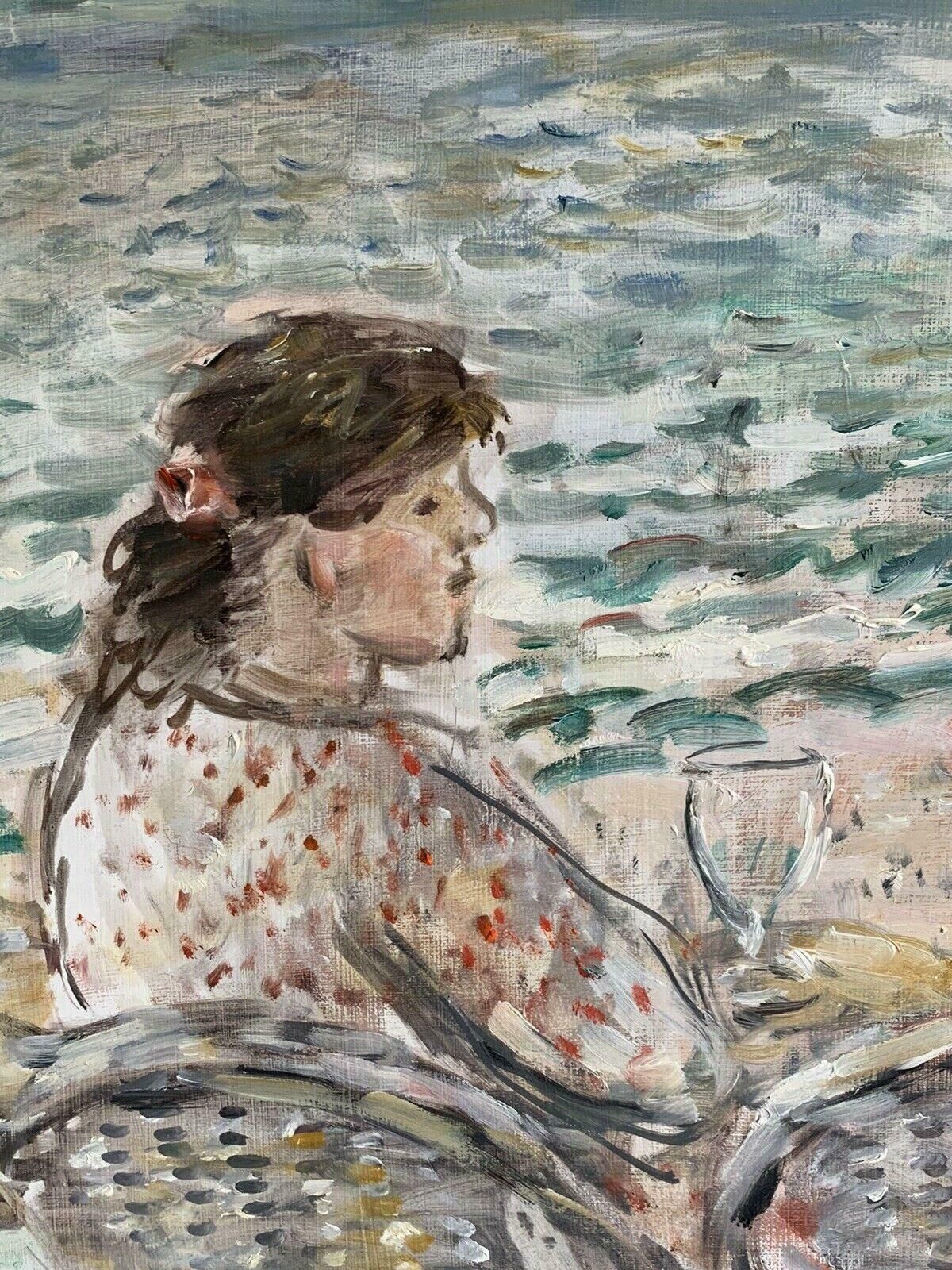 Jean Jacques Rene (B.1943)figures At Beach Cafe Looking Out To Brittany Coastline Seascape French Oilc. 2000 photo furniture