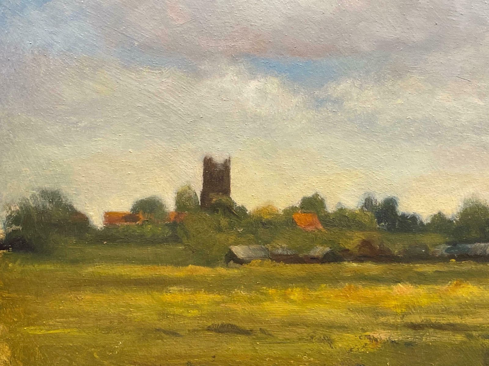 English Impressionistrural English Landscape With Old Church Tower In Distancelate 20th Century photo for sale