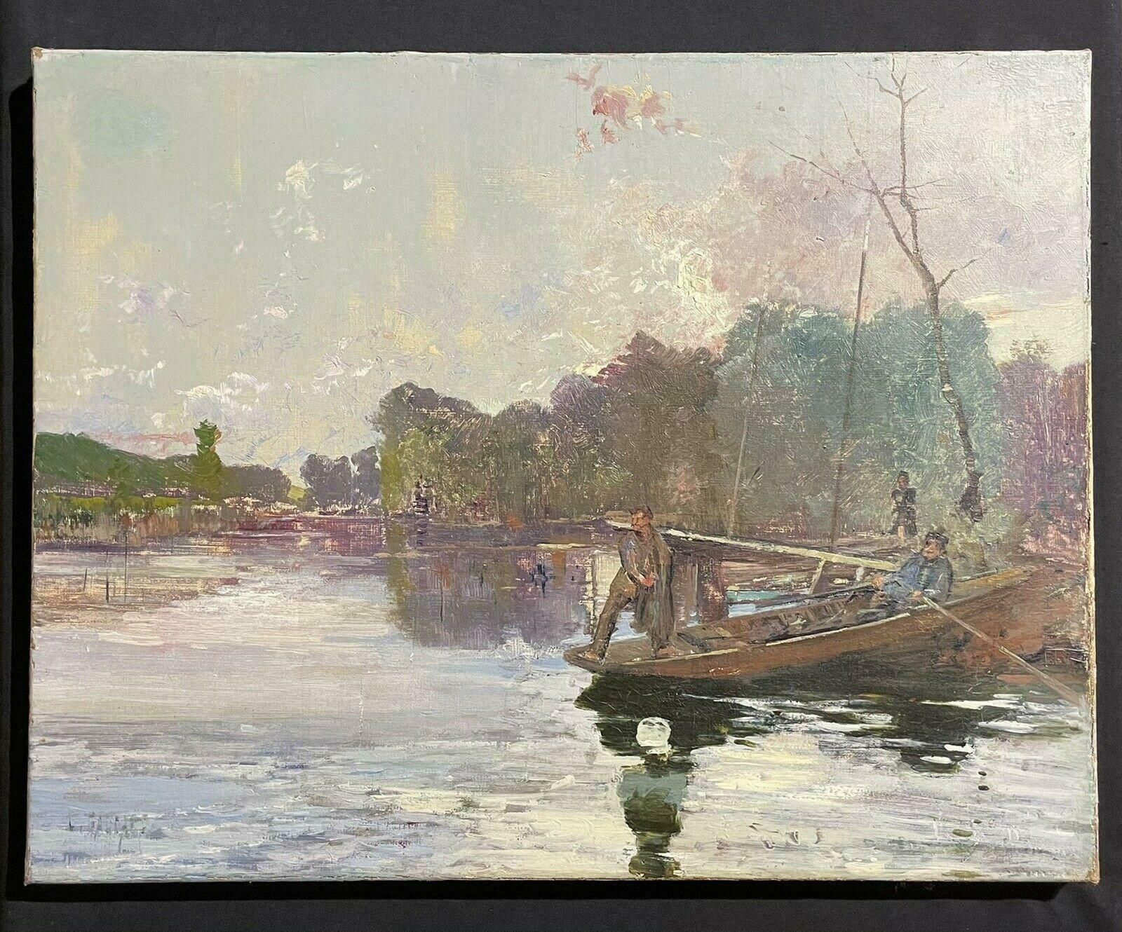 Unknown1930's French Impressionist Signed Oil   Fishermen On Wooden Punt On Riverc. 1930s photo furniture