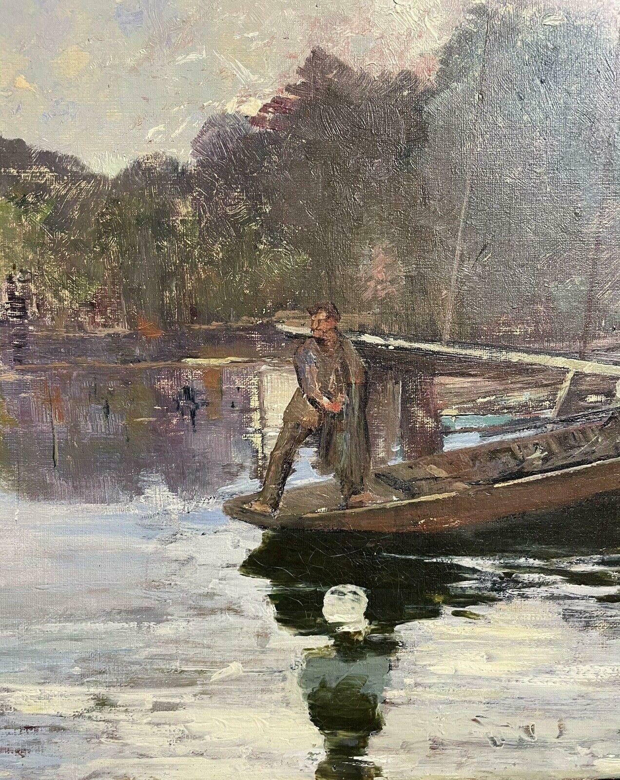 Unknown1930's French Impressionist Signed Oil   Fishermen On Wooden Punt On Riverc. 1930s photo buy