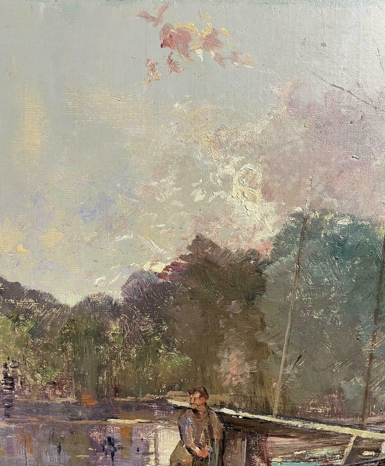 Unknown1930's French Impressionist Signed Oil   Fishermen On Wooden Punt On Riverc. 1930s photo vintage