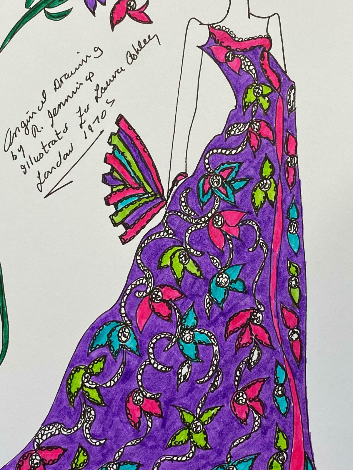 Roz Jenningsoriginal Fashion Design Illustration Watercolor Painting Laura Ashley Designerc. 2000's photo furniture