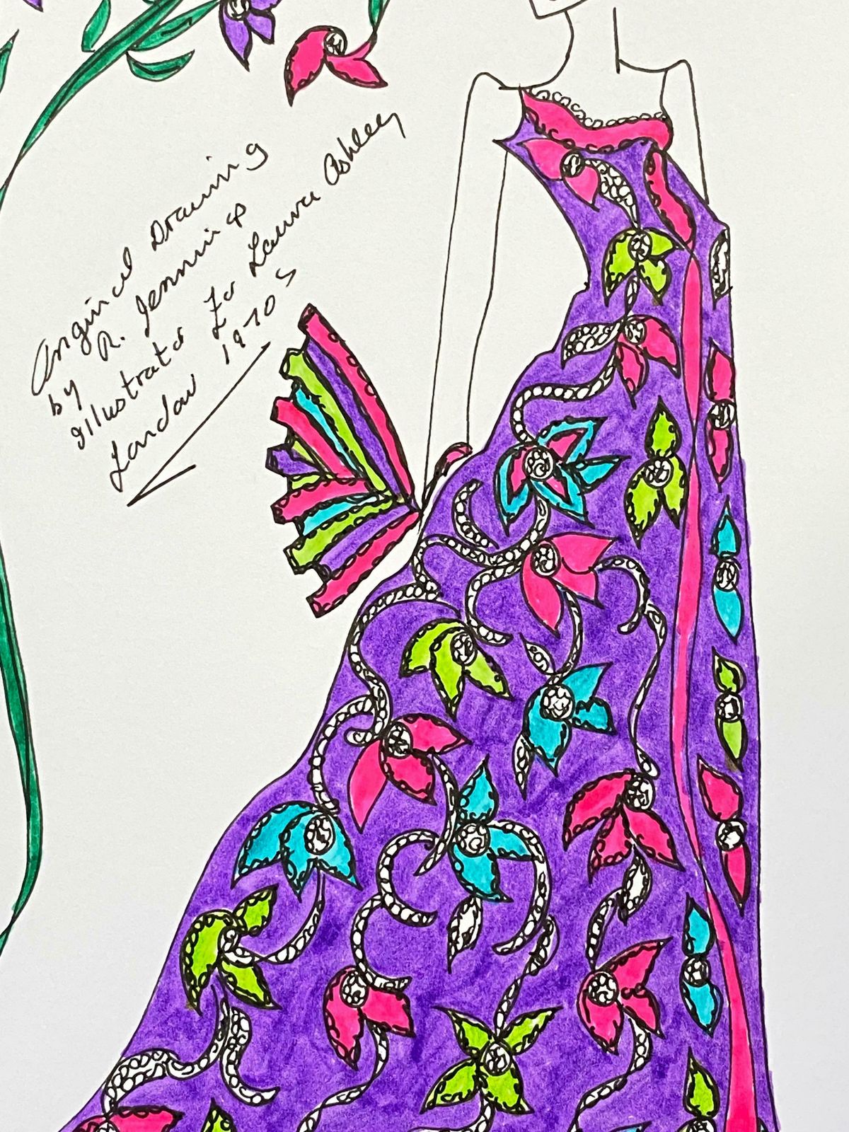 Roz Jenningsoriginal Fashion Design Illustration Watercolor Painting Laura Ashley Designerc. 2000's photo for sale