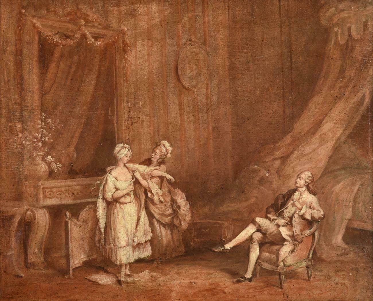 Fine Early 1700's French Oil Elegant Figures Lady Being Dressed Rococo Interiorc. 1720's