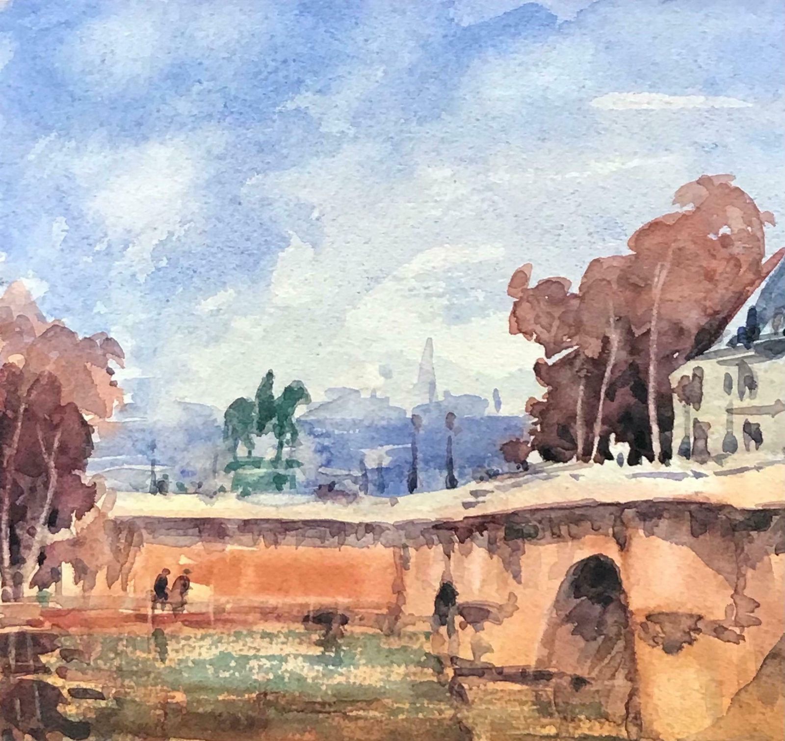 Maurice Mazeiliemaurice Mazeilie French Watercolour   Down By The River Seine Bridge Scene photo furniture