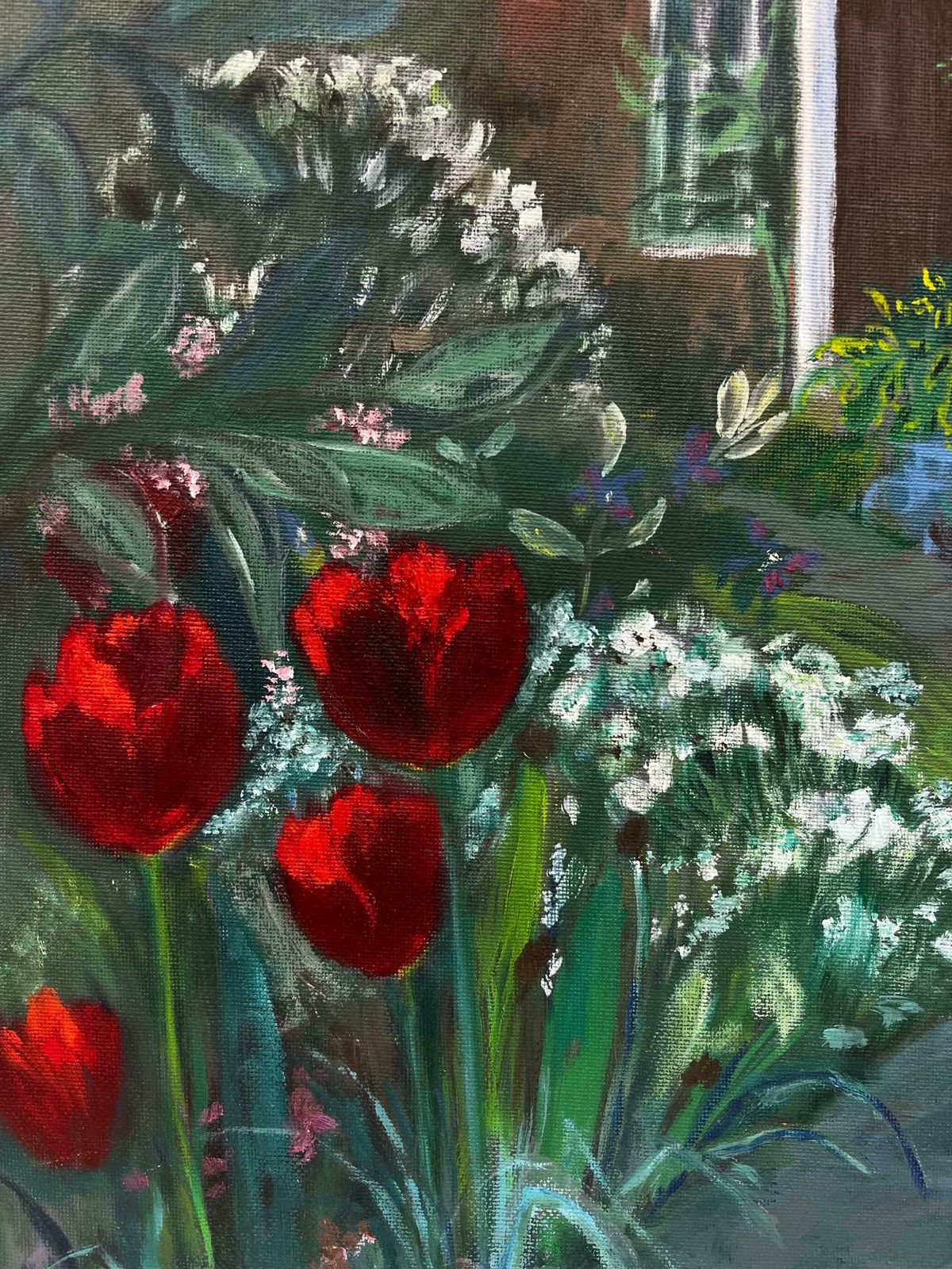 Kathleen Crowthe Red Tulip Path To The Secret Garden, Signed Original Painting photo for sale