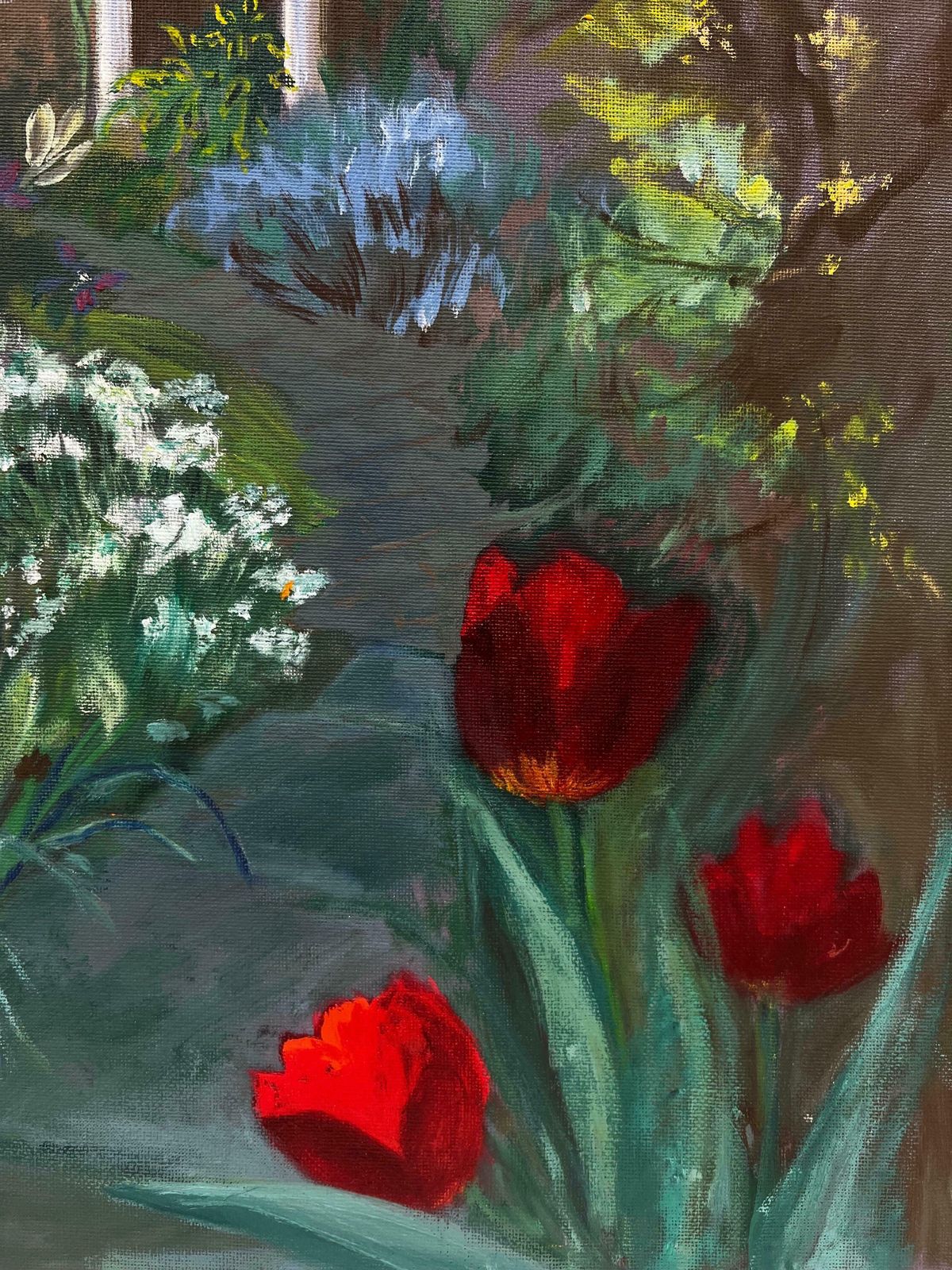 Kathleen Crowthe Red Tulip Path To The Secret Garden, Signed Original Painting photo Art