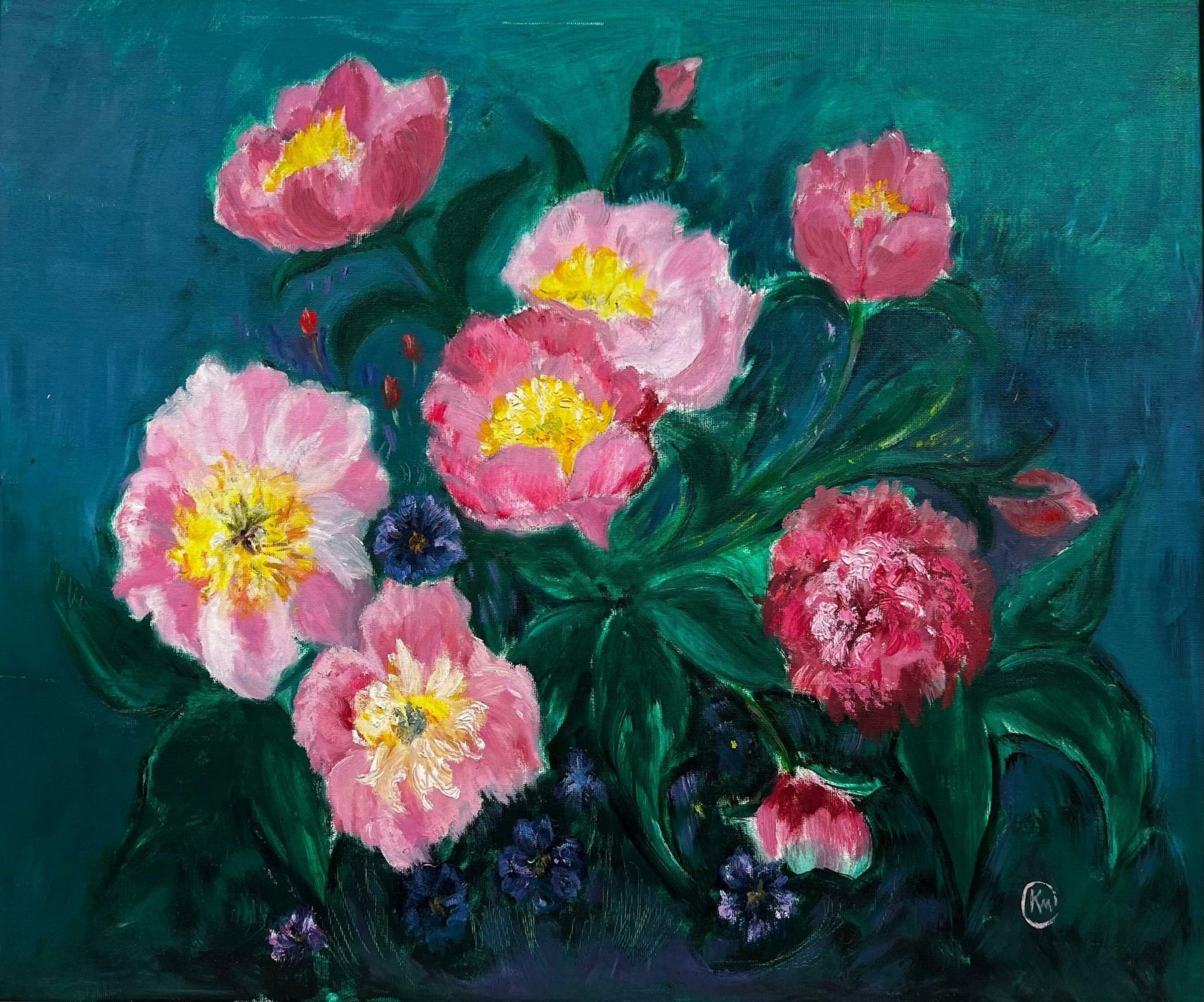Kathleen Crowlarge British Contemporary Painting   Pink Flowers Against Blue Background