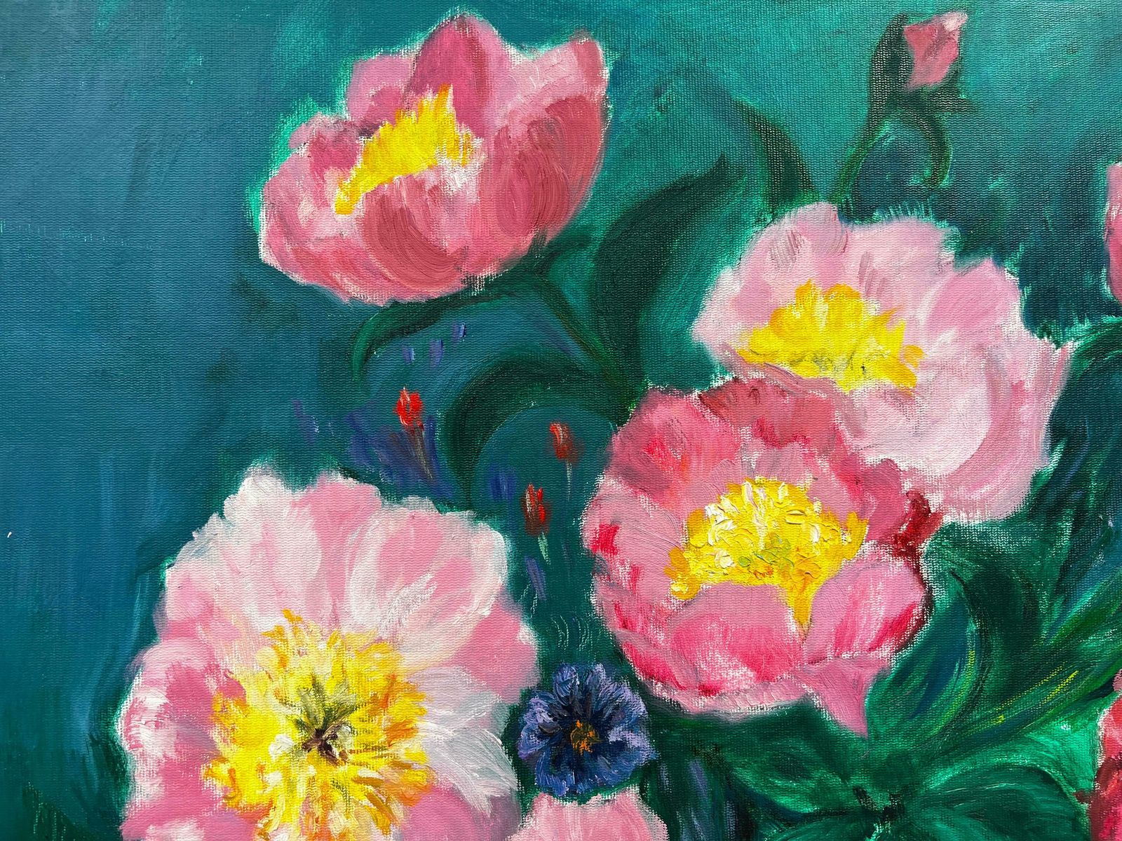 Kathleen Crowlarge British Contemporary Painting   Pink Flowers Against Blue Background photo for sale