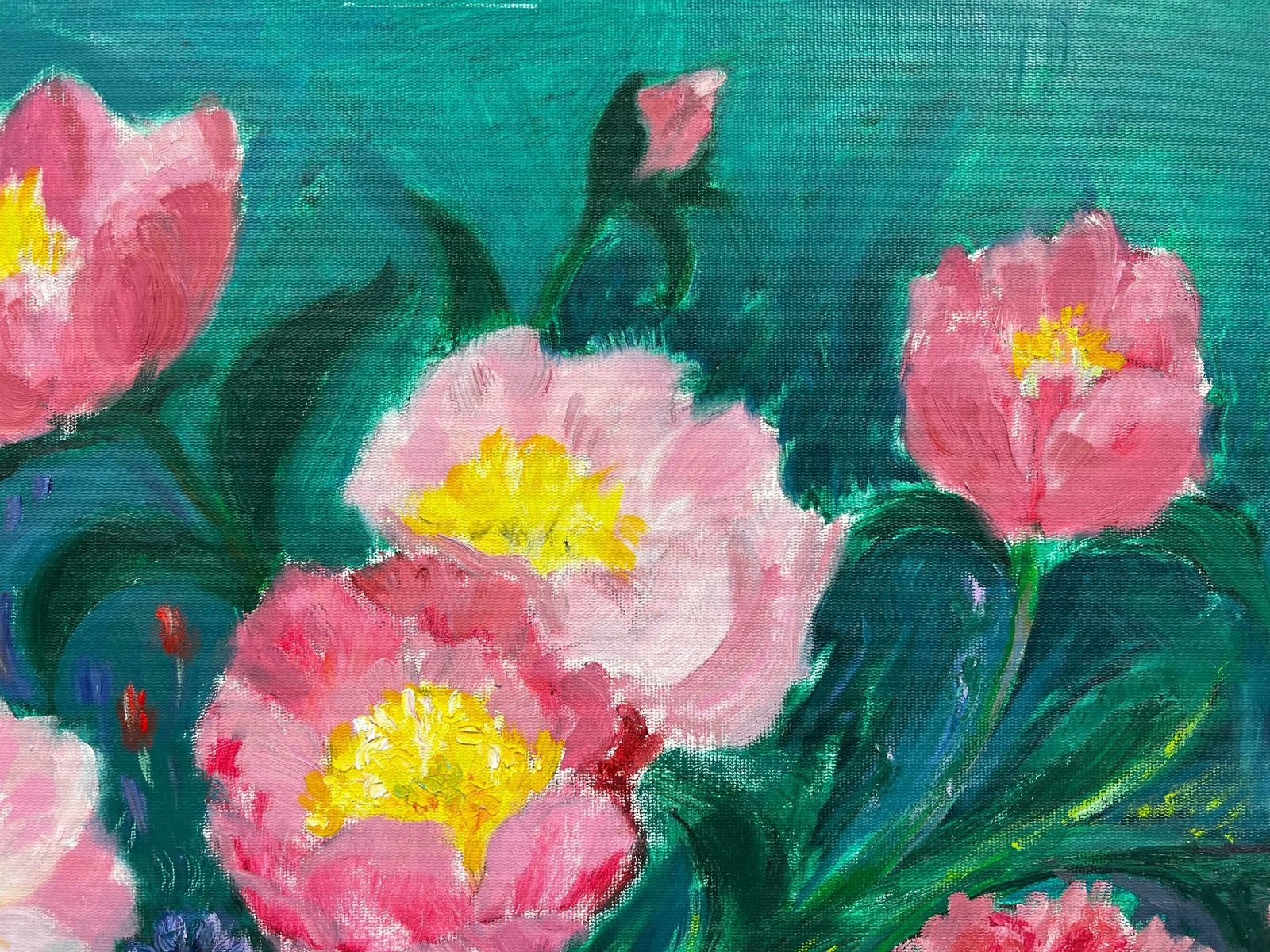 Kathleen Crowlarge British Contemporary Painting   Pink Flowers Against Blue Background photo Art