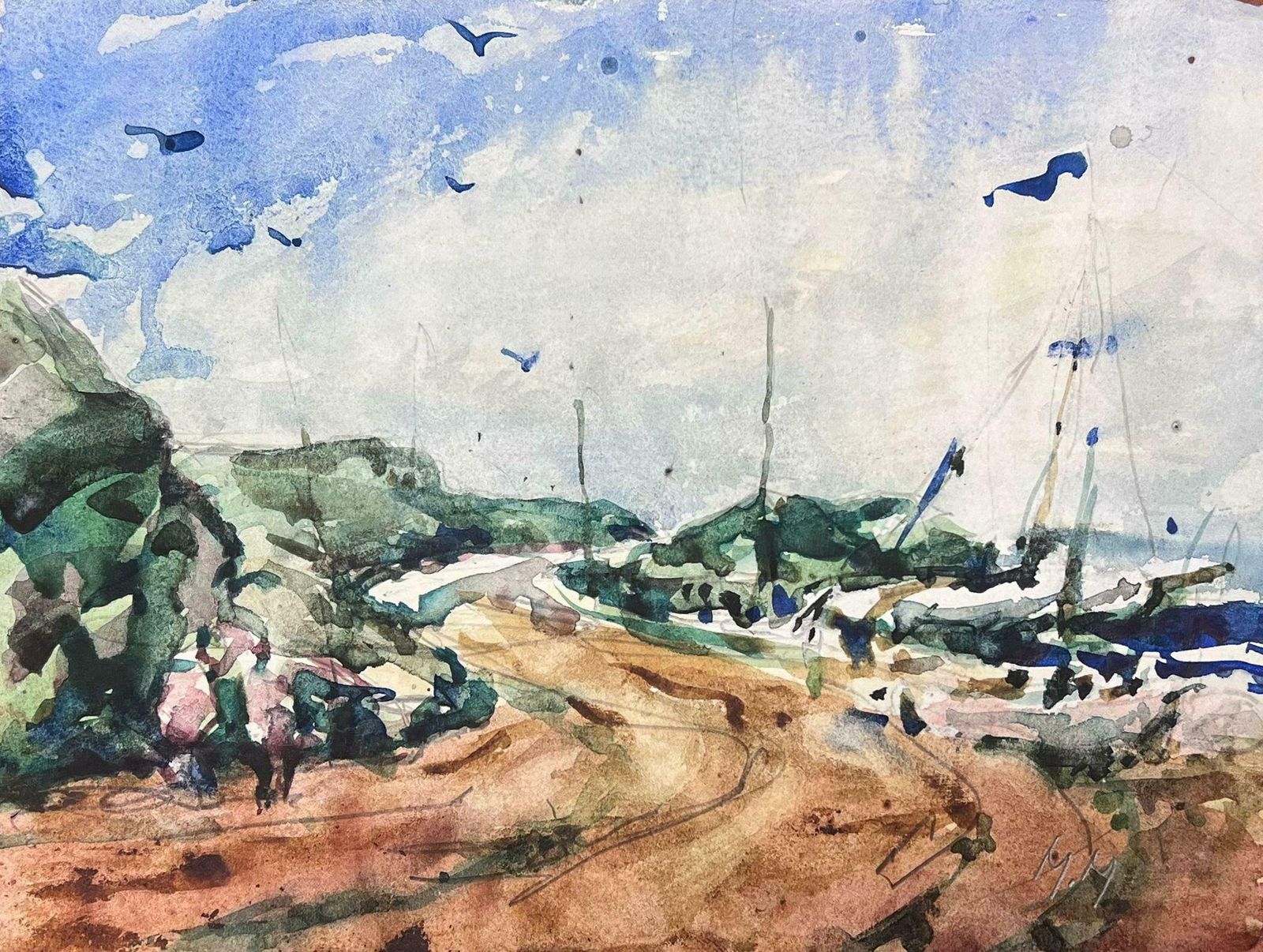 Maurice Mazeiliefrench Watercolour Landscape Sandy Path Along The Sailing Boat Harbour