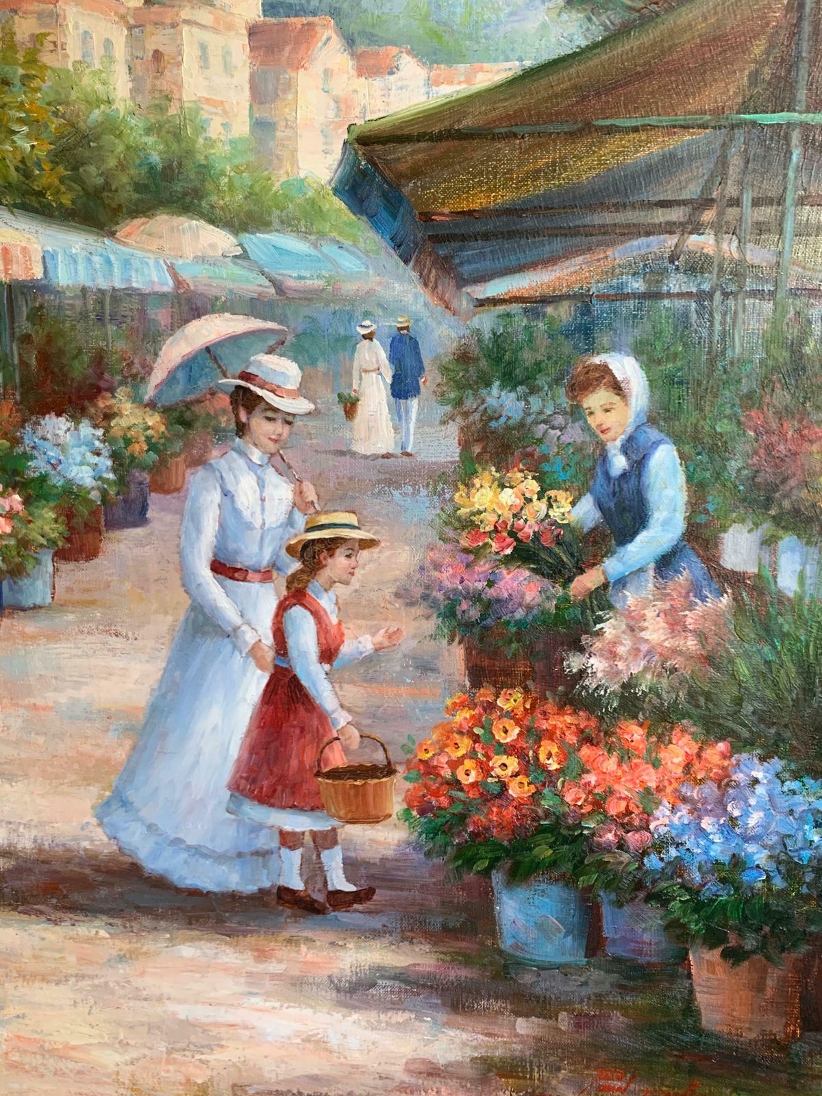Paul Pellarole Marche De Fleurs Very Large French Impressionist Signed Oil Figures At Marketc.1990's photo for sale