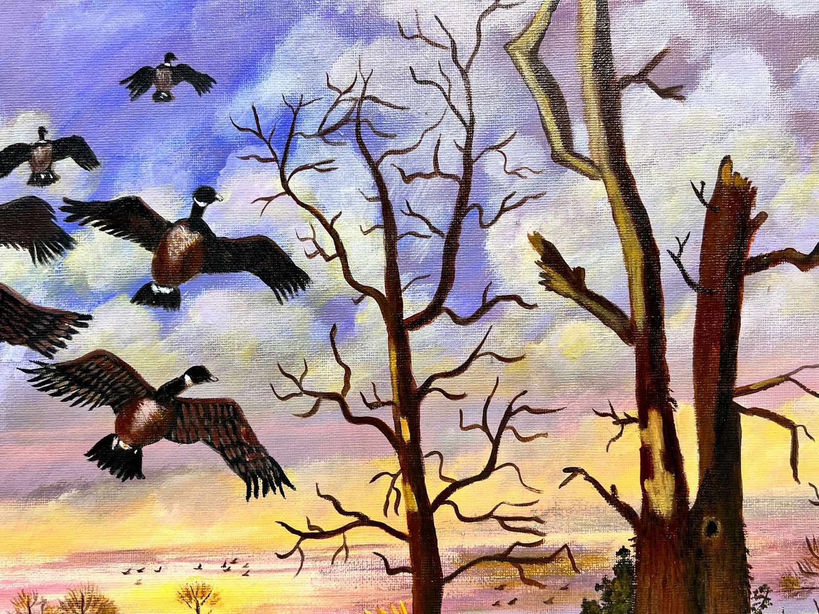 Ben Powellmallards In Flight Over Pond At Sunset Dusk Modern British Painting On Canvas photo 1532.0
