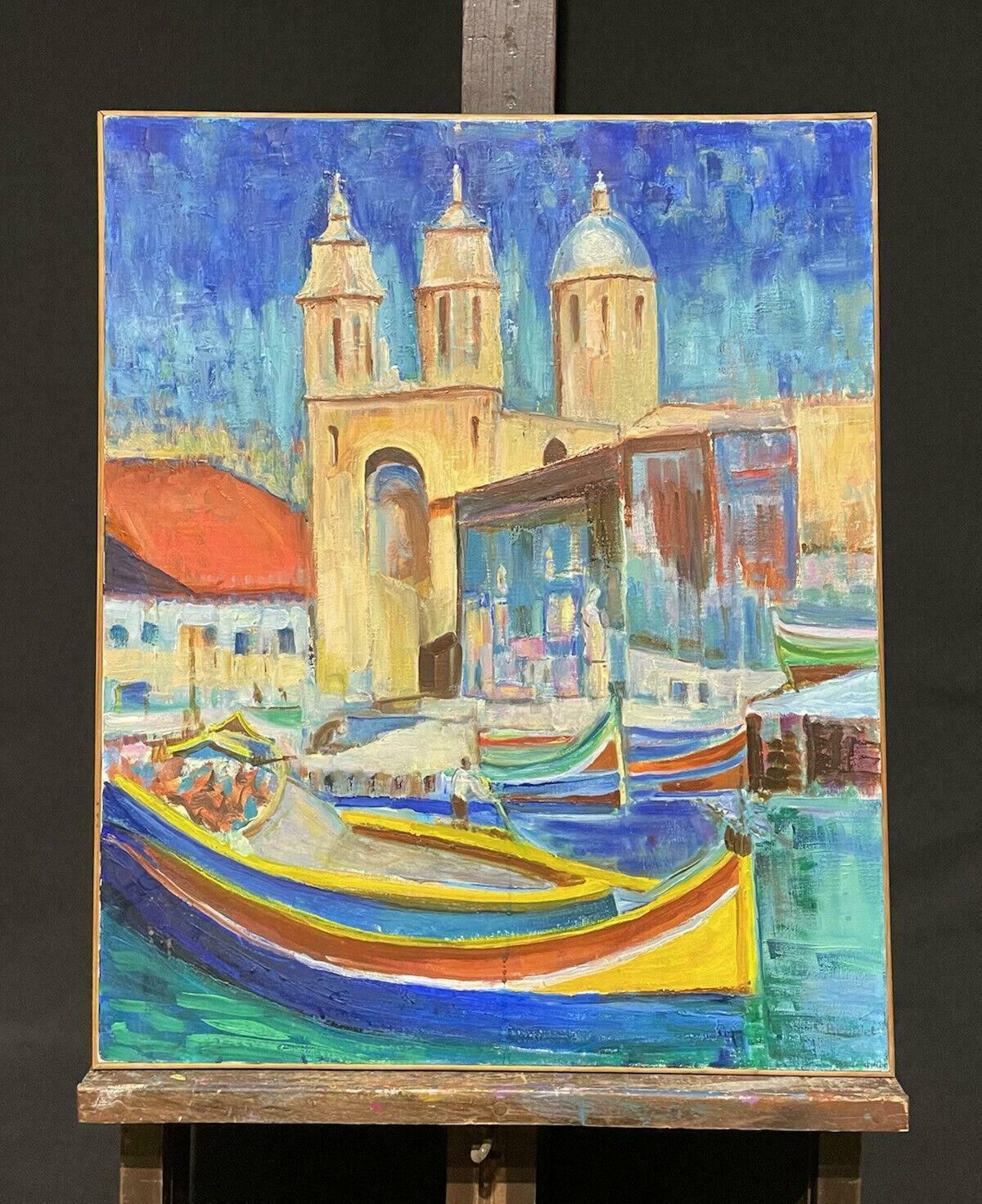 Claudine Ribouletclaudine Riboulet (French 1924 2013) Large Signed Oil   Boats On Busy City Canalmid Century photo for sale