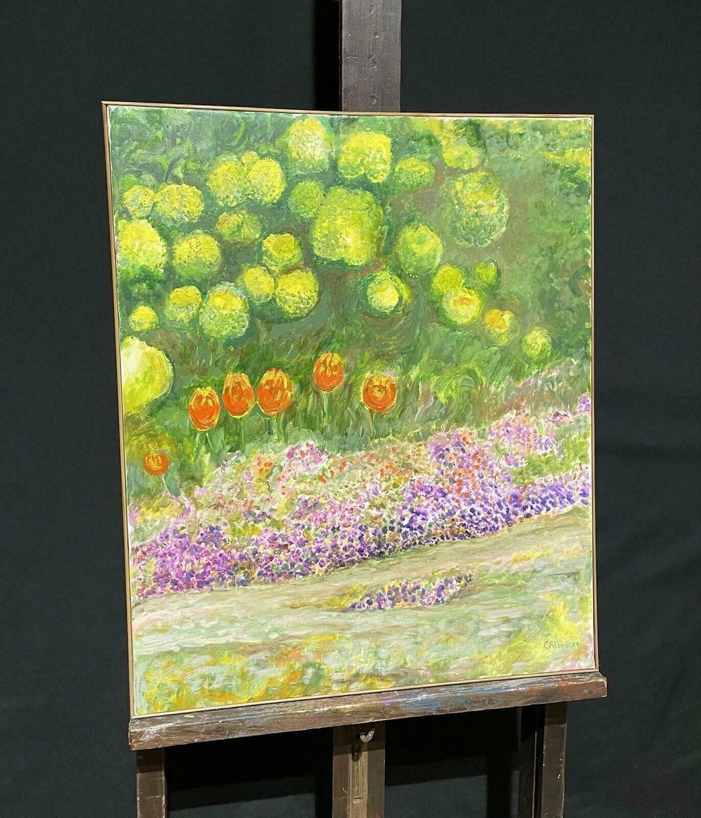 Claudine Ribouletclaudine Riboulet (French 1924 2013) Large Signed Oil   Tulips In The Gardenmid Century photo for sale